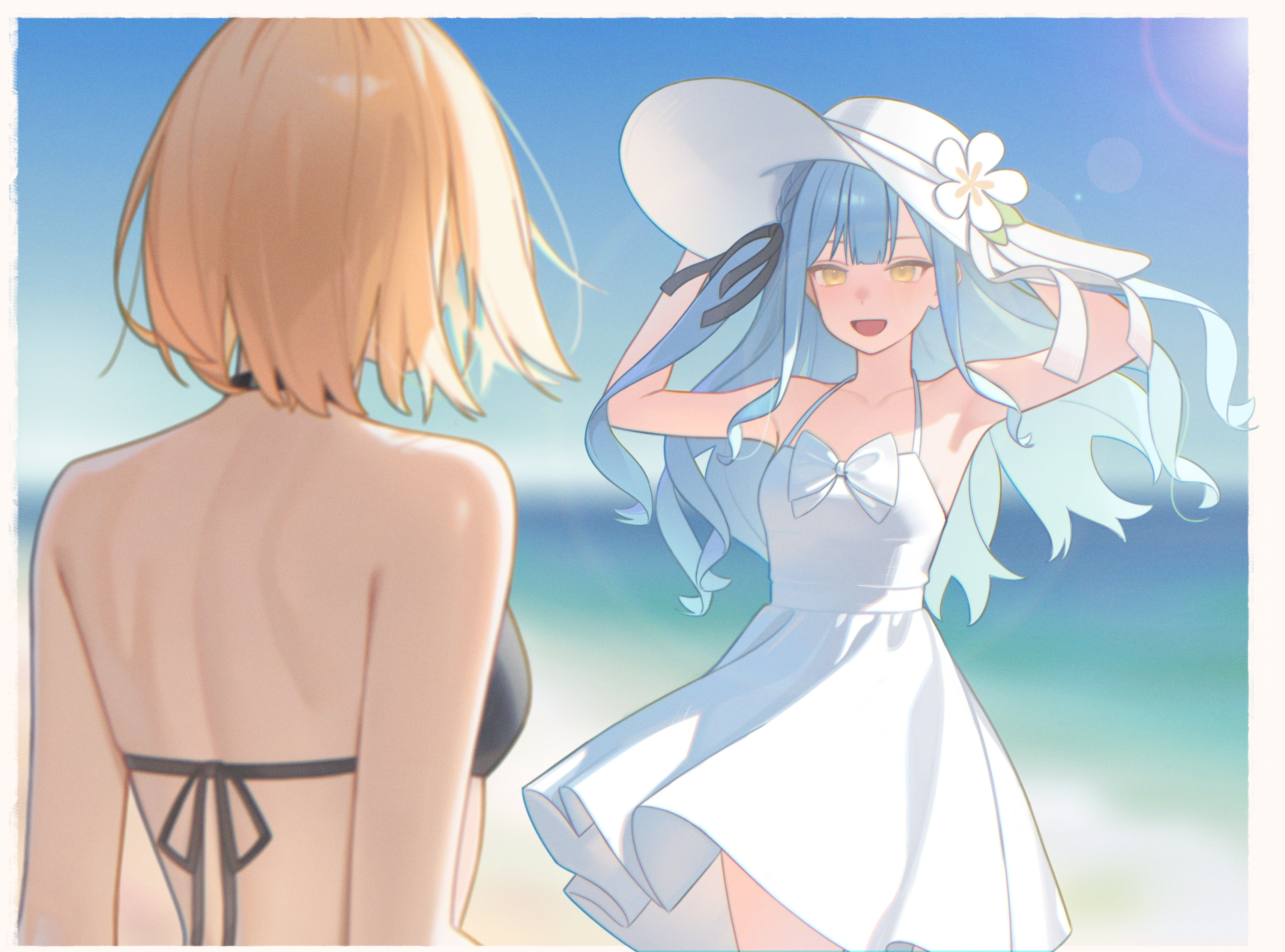 guyijun, misumi uika, togawa sakiko, bang dream!, bang dream! it's mygo!!!!!, absurdres, highres, 2girls, :d, armpits, arms at sides, arms up, bare arms, bare back, bare shoulders, beach, bikini, black bikini, black ribbon, blonde hair, blue hair, blue sky, blurry, blurry background, border, bow, braid, breasts, collarbone, cowboy shot, day, dress, dress bow, facing away, floating hair, flower, hair ribbon, halter dress, halterneck, hand on headwear, hat, hat flower, hat ribbon, horizon, lens flare, long hair, looking at another, medium breasts, multiple girls, ocean, one side up, open mouth, outdoors, ribbon, short hair, shoulder blades, sidelocks, sky, sleeveless, sleeveless dress, smile, standing, sun hat, sundress, sunlight, swimsuit, water, white border, white bow, white dress, white hat, white ribbon, yellow eyes