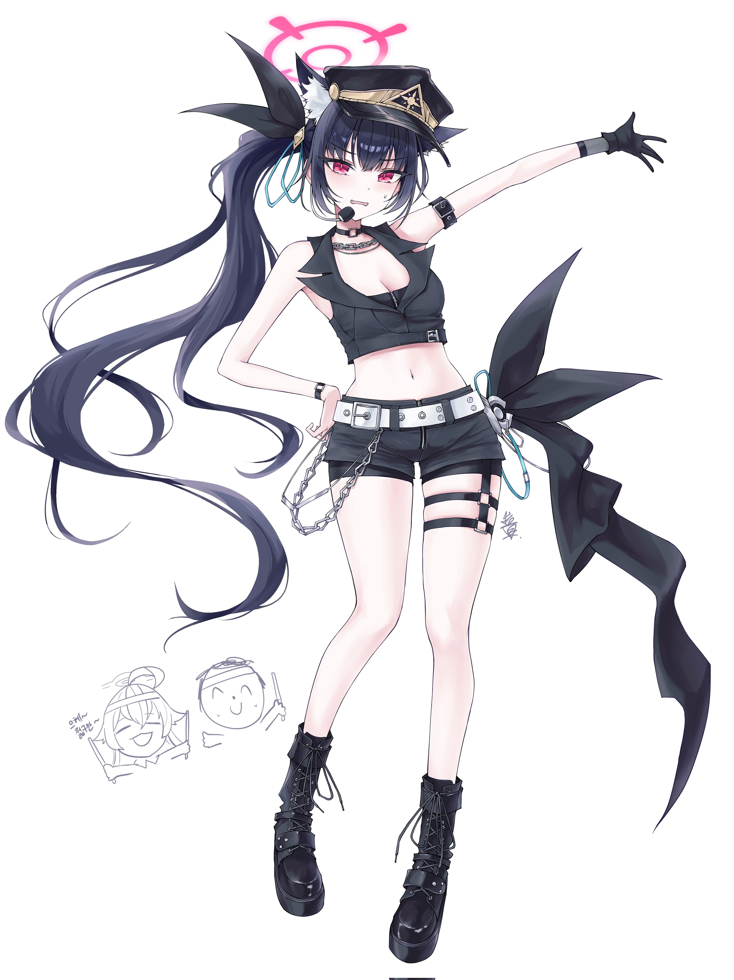 visu 02, doodle sensei (blue archive), hoshino (blue archive), sensei (blue archive), serika (blue archive), blue archive, absurdres, highres, 1boy, 2girls, alternate costume, alternate hairstyle, animal ear fluff, animal ears, armband, bare shoulders, black armband, black boots, black choker, black gloves, black hair, black shorts, boots, breasts, cat ears, cat girl, chain, chain necklace, choker, cleavage, crop top, earpiece, fang, full body, gloves, halo, hand on own hip, jewelry, lace-up boots, long hair, looking at viewer, medium breasts, midriff, multiple girls, navel, necklace, open mouth, pink halo, red eyes, short shorts, shorts, side ponytail, simple background, single glove, sleeveless, standing, stomach, thigh strap, v-shaped eyebrows, very long hair, white background