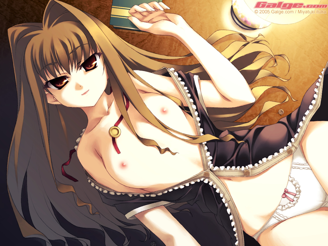 itsuka miyatsuki, miyatsuki itsuka, galge.com, 1girl, 2005, female focus, flat chest, long hair, nipples, open clothes, open shirt, panties, shirt, solo, underwear
