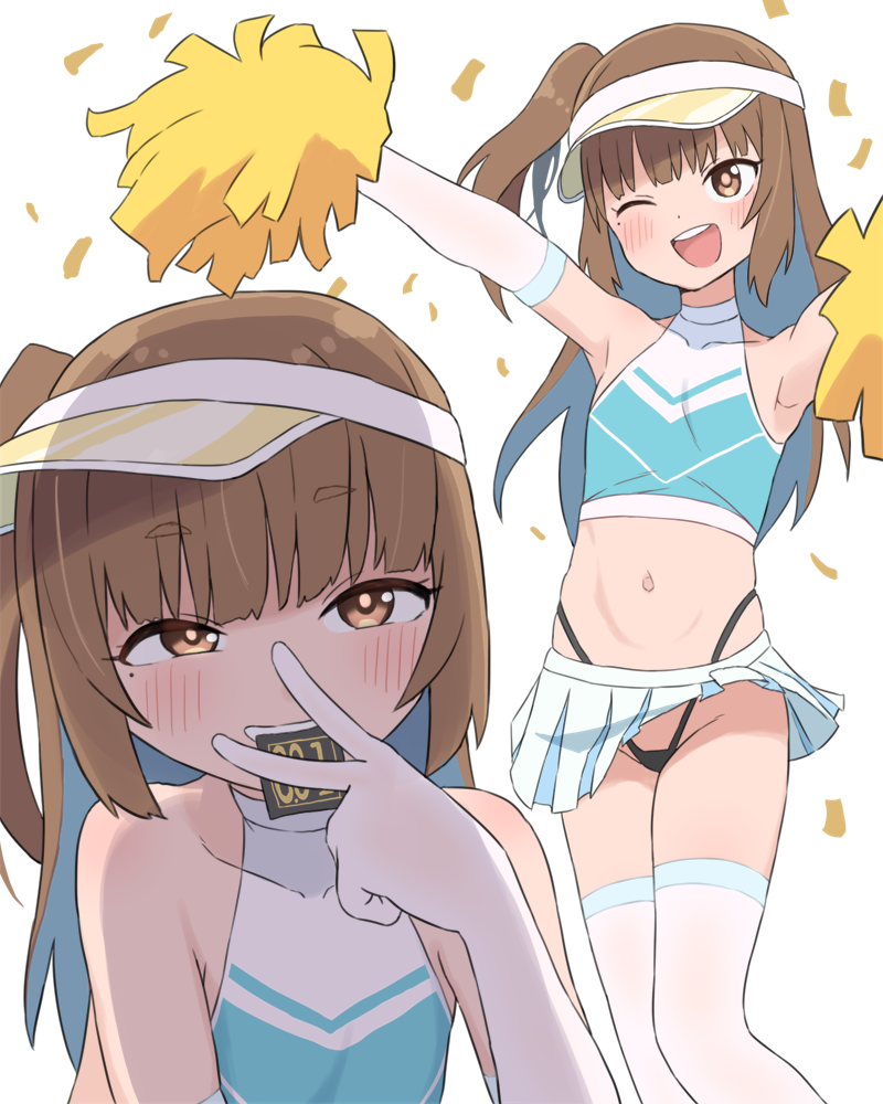 bubukka, yariharu uri (bubukka), original, commentary, 1girl, black panties, blue sports bra, brown eyes, brown hair, cheerleader, condom, condom in mouth, condom wrapper, elbow gloves, flat chest, gloves, highleg, highleg panties, long hair, miniskirt, mouth hold, multiple views, navel, one eye closed, one side up, open mouth, panties, pleated skirt, pom pom (cheerleading), simple background, skirt, smile, sports bra, teeth, thighhighs, underwear, upper teeth only, visor cap, white background, white gloves, white skirt