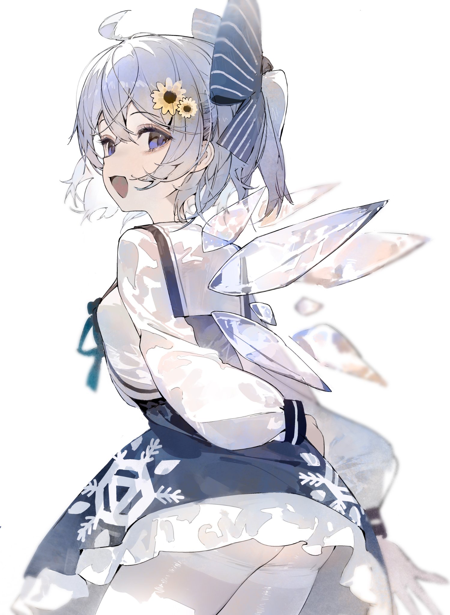 ya yuan, cirno, touhou, hashtag-only commentary, highres, 1girl, blue bow, blue dress, blue eyes, blue hair, bow, cirno day, detached wings, dress, fairy, fairy wings, flower, from behind, frozen, hair bow, hair flower, hair ornament, ice, ice wings, open mouth, pinafore dress, sleeveless, sleeveless dress, snowflakes, solo, standing, sunflower, sunflower hair ornament, thighhighs, white background, white thighhighs, wings