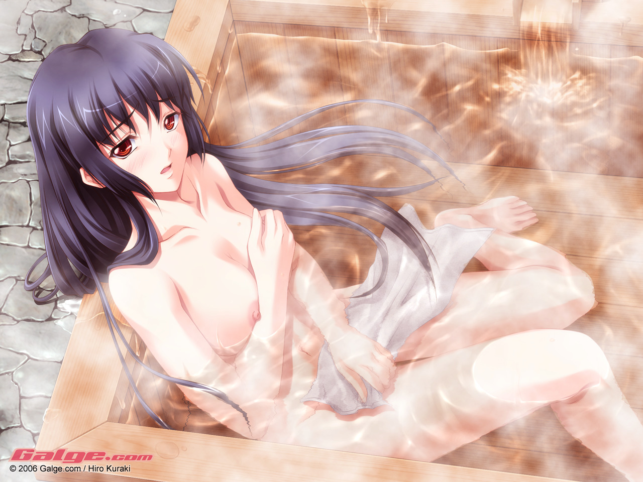 kuraki hiro, galge.com, breast hold, 1girl, 2006, barefoot, bath, blue hair, blush, breasts, covering breasts, covering privates, feet, female focus, long hair, medium breasts, nipples, nude, nude cover, open mouth, red eyes, sitting, solo, steam, towel, very long hair, water