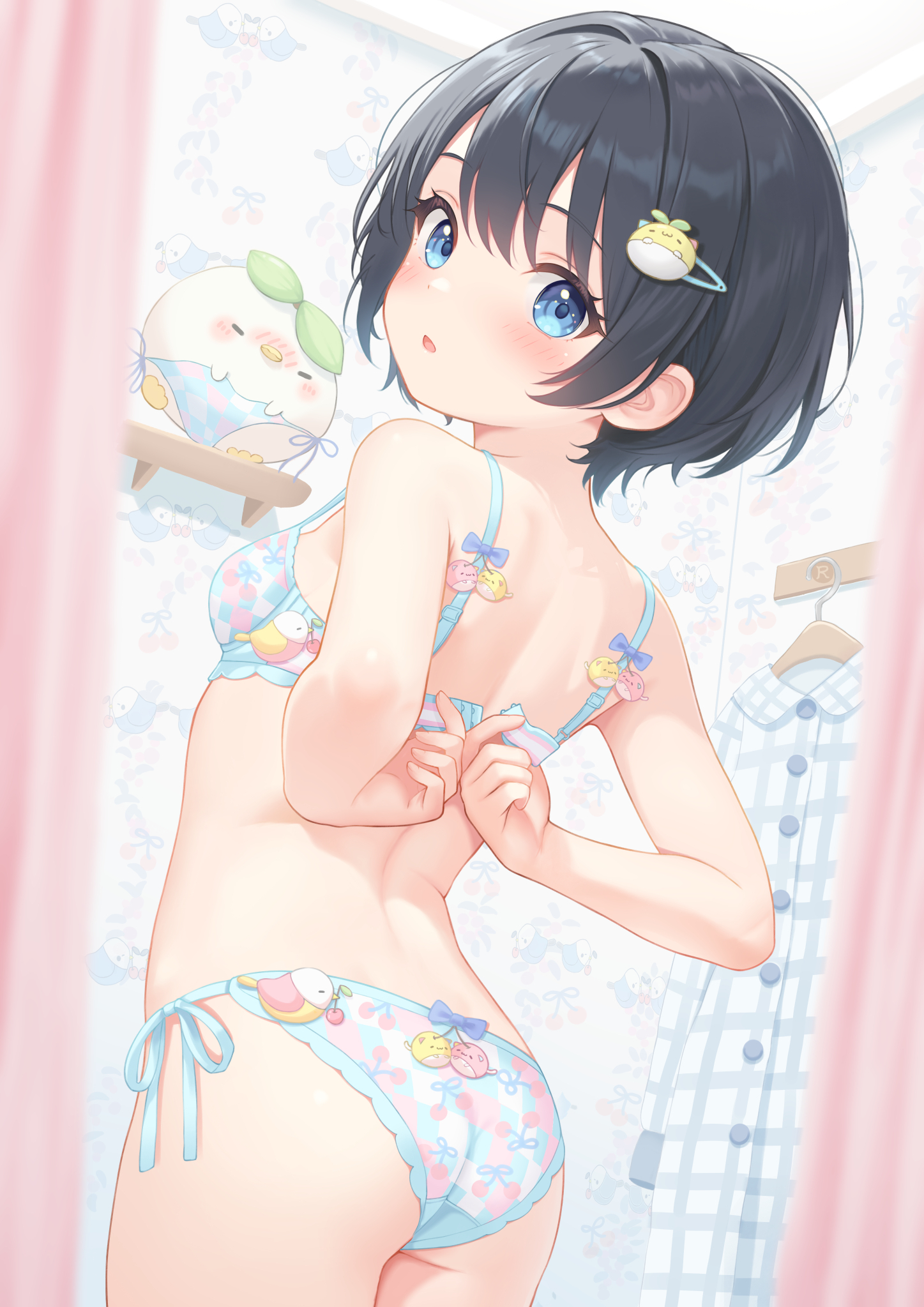 rebun, original, commentary request, highres, paid reward available, 1girl, ass, black hair, blue eyes, blush, bra, breasts, from behind, hair ornament, hairclip, indoors, looking at viewer, looking back, open mouth, panties, short hair, side-tie panties, small breasts, solo, underwear, underwear only