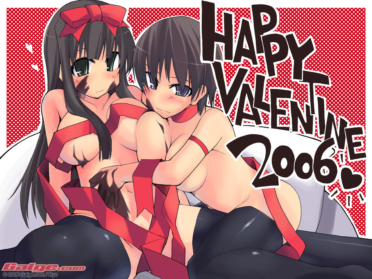 ryo (liver sashi daisuki!), galge.com, framed, jpeg artifacts, 00s, 2006, 2girls, asymmetrical docking, breast press, breasts, chocolate, happy valentine, large breasts, looking at viewer, multiple girls, naked ribbon, no nose, nude, outside border, polka dot, polka dot background, ribbon, straddling, thighhighs, valentine