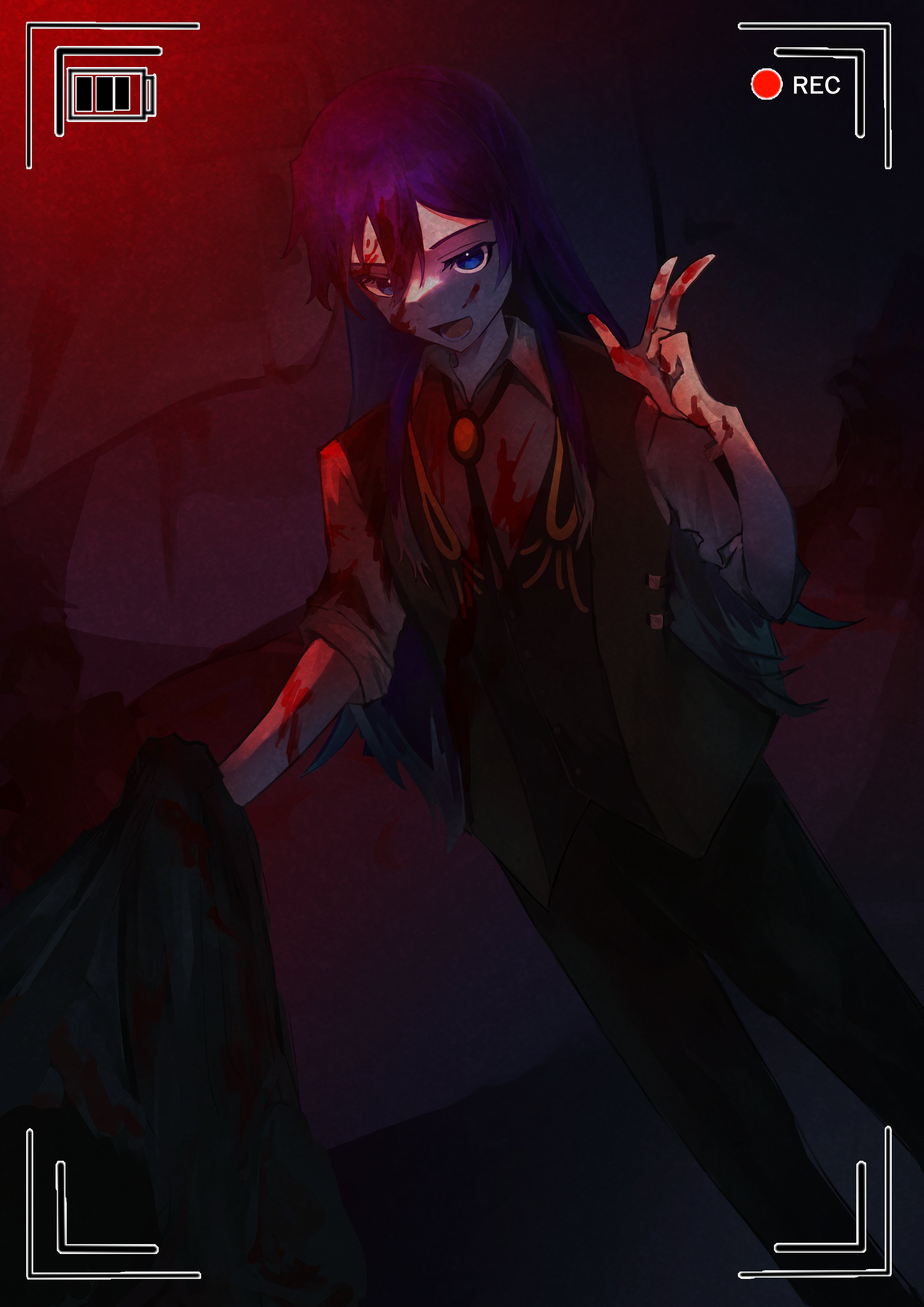 wawawa chi, dakai the magpie, ishura, absurdres, highres, 1boy, battery indicator, blood, blood on clothes, blood on face, blood on hands, blue eyes, blue hair, dutch angle, holding, jacket, long hair, looking at viewer, lower teeth only, male focus, open mouth, pants, recording, shirt, smile, solo, standing, teeth, v, viewfinder
