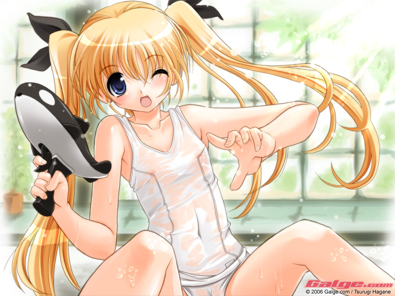 tsurugi hagane, galge.com, 1girl, 2006, cameltoe, female focus, one-piece swimsuit, school swimsuit, see-through clothes, solo, swimsuit, twintails, water gun, wet, wet clothes, white one-piece swimsuit, white school swimsuit