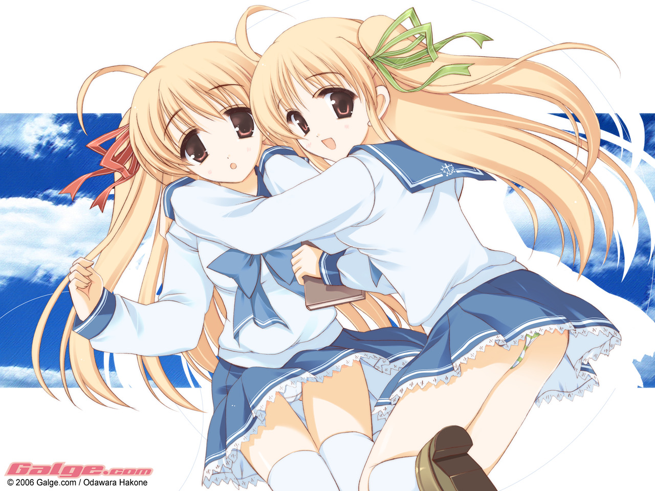 odawara hakone, galge.com, 2006, 2girls, hair ribbon, hakone odawara, multiple girls, panties, ribbon, school uniform, serafuku, thighhighs, underwear, zettai ryouiki