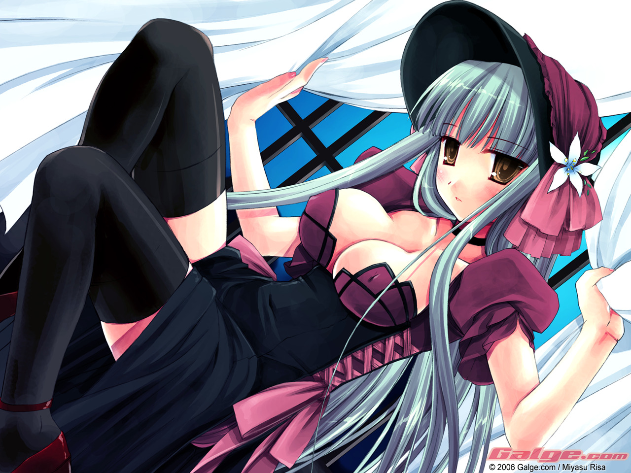 miyasu risa, galge.com, 1girl, 2006, female focus, hat, looking at viewer, solo, thighhighs, zettai ryouiki