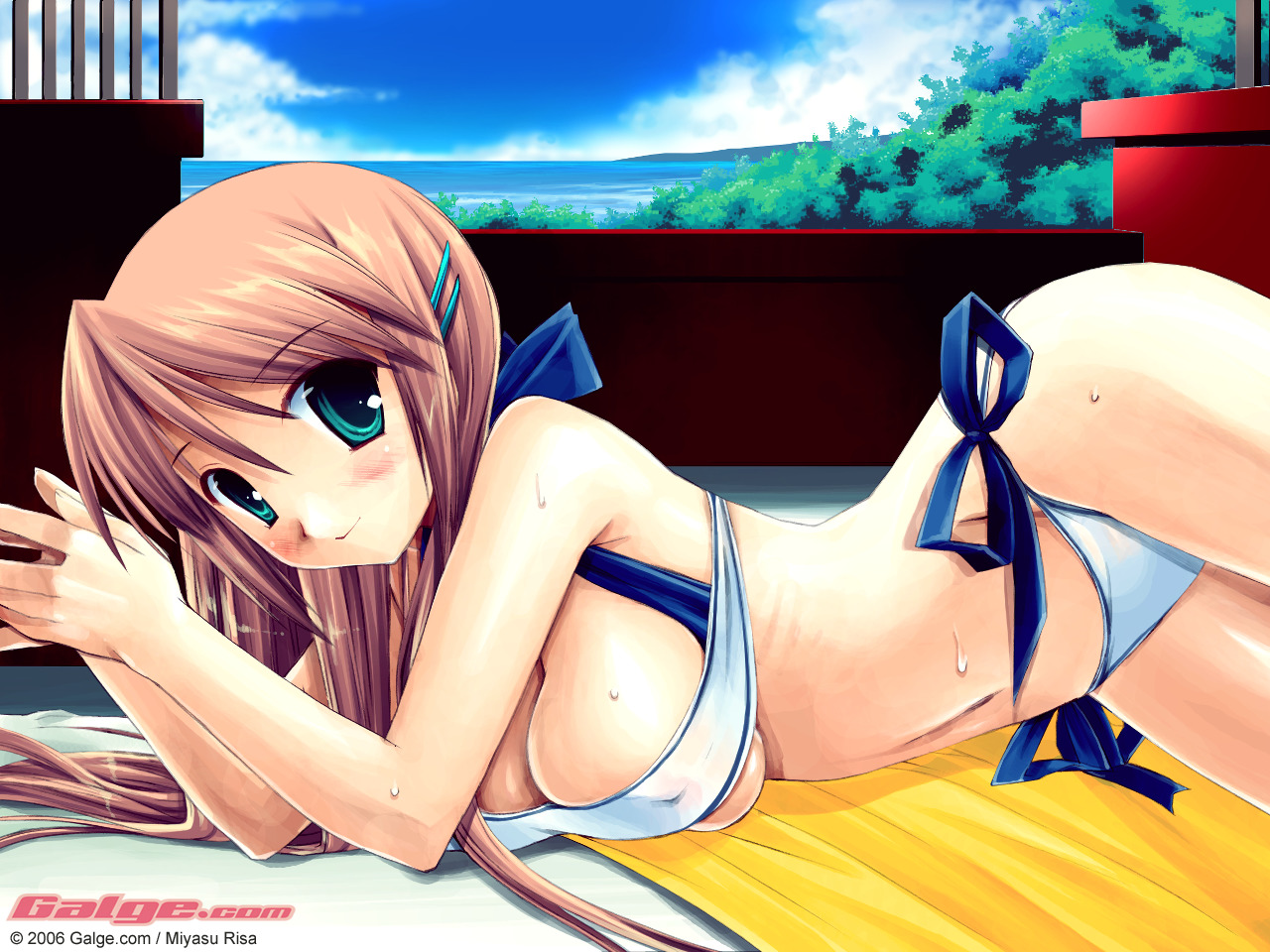 miyasu risa, galge.com, 1girl, 2006, aqua eyes, bikini, blush, breasts, brown hair, covered erect nipples, day, female focus, large breasts, long hair, lying, on side, side-tie bikini bottom, solo, swimsuit, underboob, white bikini