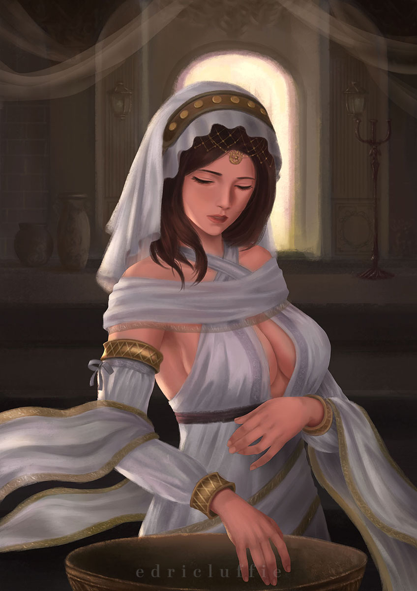 luffie, queen of sunlight gwynevere, dark souls (series), dark souls i, highres, 1girl, breasts, brown hair, dress, huge breasts, jewelry, large breasts, long hair, veil