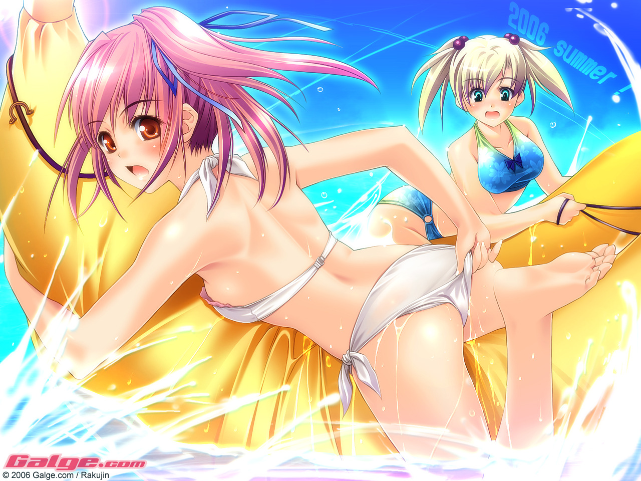 rakujin, galge.com, 2006, 2girls, adjusting clothes, adjusting swimsuit, ass, back, banana boat, bananaboat, barefoot, bikini, blonde hair, blush, breasts, day, feet, green eyes, hair ribbon, halterneck, looking back, medium breasts, multiple girls, on banana, open mouth, pink hair, purple hair, red eyes, ribbon, side-tie bikini bottom, sideboob, swimsuit, twintails, water
