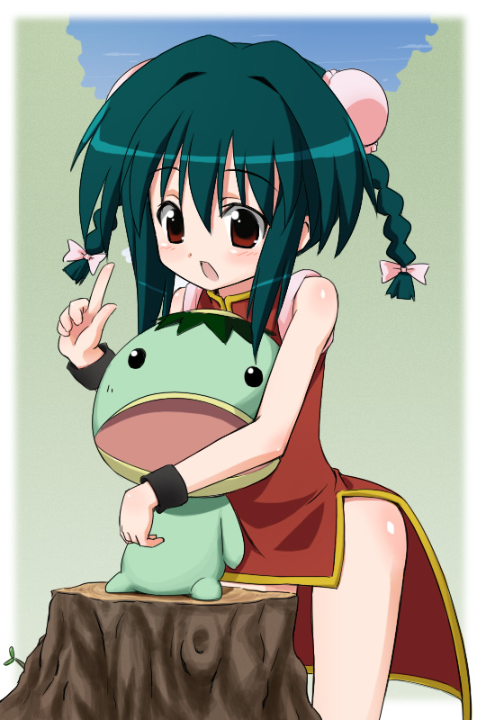 aikei, mei mei (nagasarete airantou), toono (nagasarete airantou), nagasarete airantou, 00s, aqua hair, blush, bracelet, braid, bun cover, china dress, chinese clothes, double bun, dress, hair ribbon, hug, hug from behind, jewelry, kappa, open mouth, pointing, red eyes, ribbon, short hair, solo, thighs, tree, tree stump, twin braids
