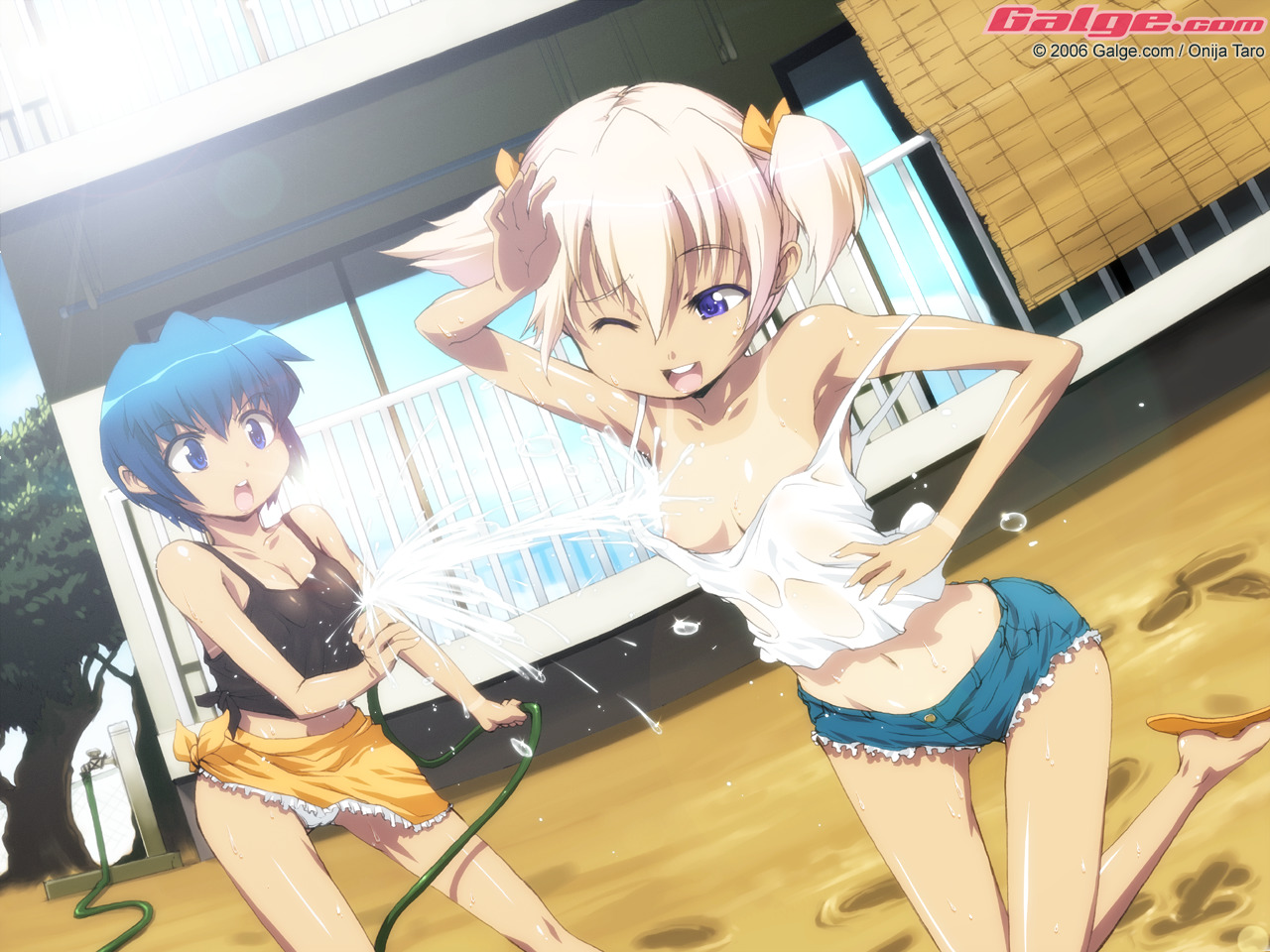 onija tarou, galge.com, 2006, 2girls, blue eyes, blue hair, breasts, camisole, cleavage, cutoffs, day, denim, denim shorts, dutch angle, multiple girls, nipple slip, nipples, one-piece tan, one eye closed, panties, short hair, shorts, small breasts, splashing, tan, tanline, underwear, water drop, watermark, web address, wet, wet clothes, wink