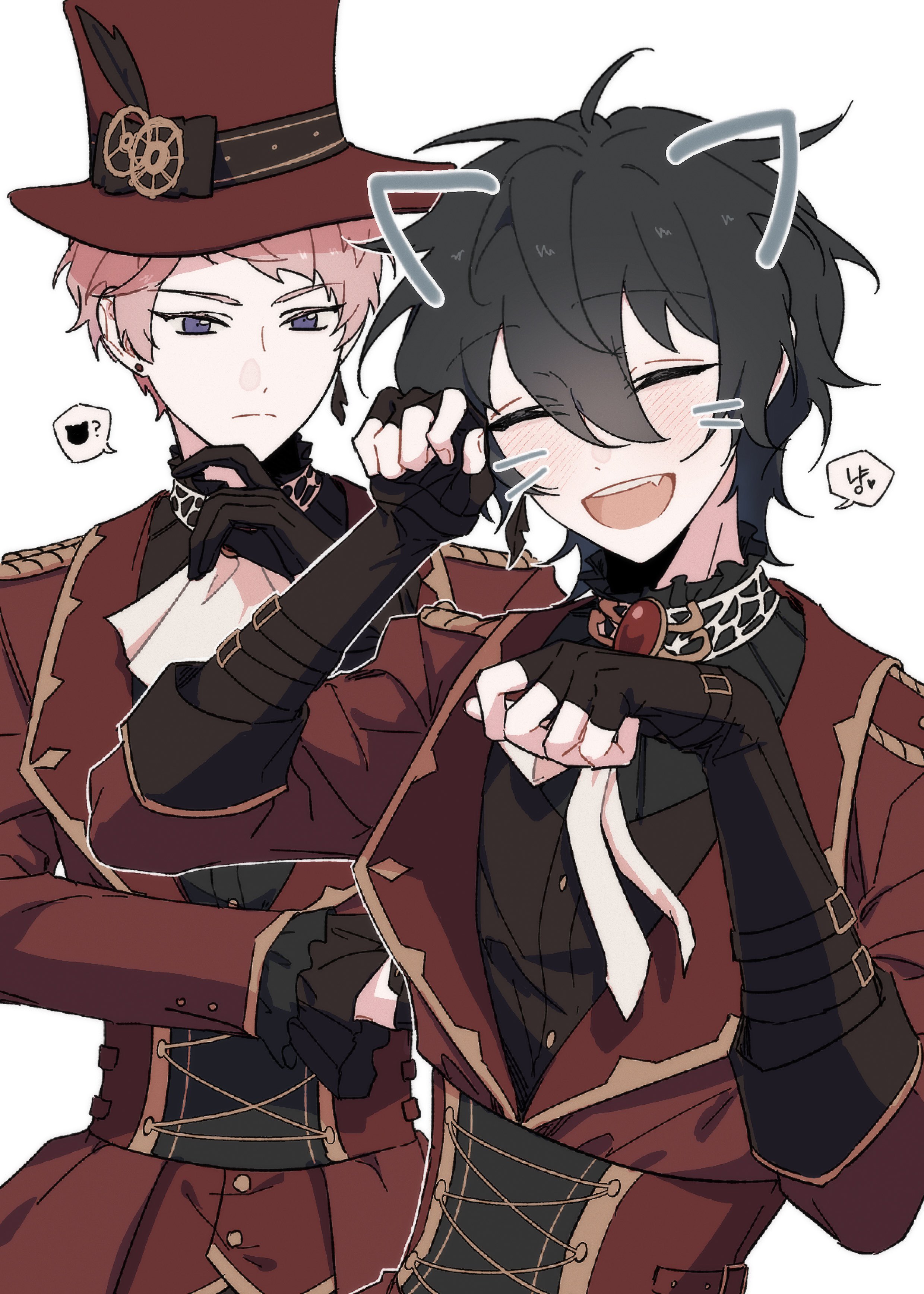 seogil, itsuki shu, kagehira mika, ensemble stars!, absurdres, commentary request, highres, korean commentary, translation request, 2boys, black gloves, black hair, closed eyes, closed mouth, corset, drawn ears, drawn whiskers, fingerless gloves, gloves, hair between eyes, hand up, hands up, korean text, lapels, long sleeves, looking at another, male focus, multiple boys, open mouth, paw pose, pink hair, purple eyes, shawl lapels, short hair, simple background, speech bubble, teeth, upper teeth only, valkyrie (ensemble stars!), white background