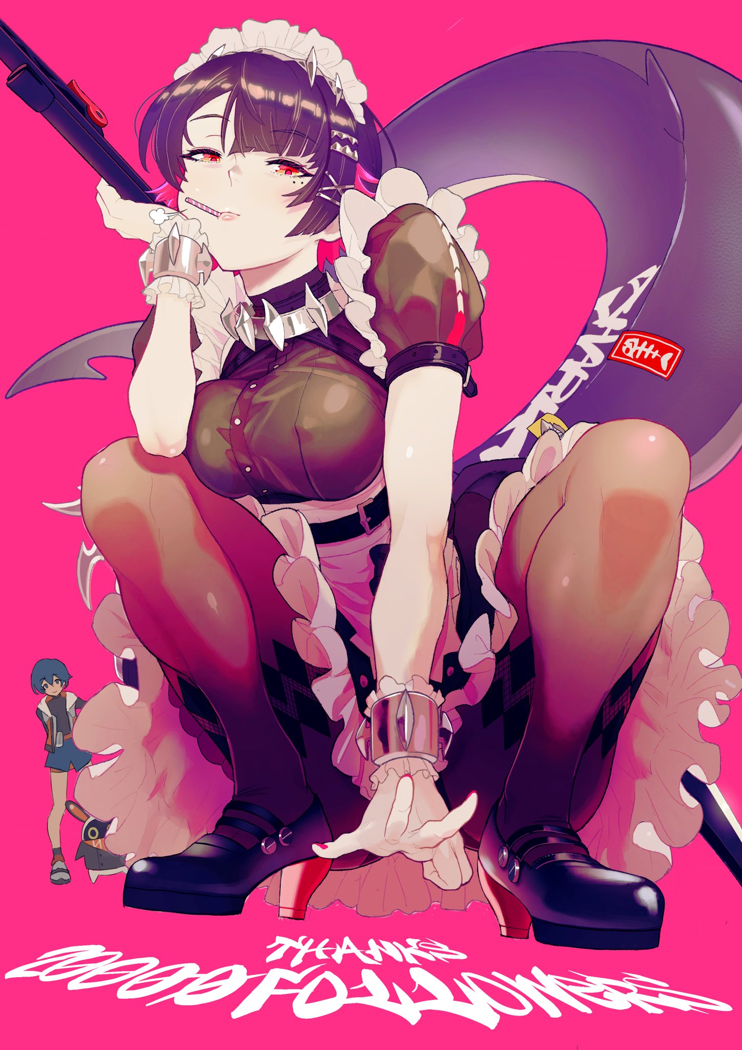 mazarimon, ellen joe, zenless zone zero, highres, 1girl, black hair, fins, fish tail, full body, looking at viewer, maid, mole, mole under eye, multicolored hair, red background, red eyes, squatting, tail