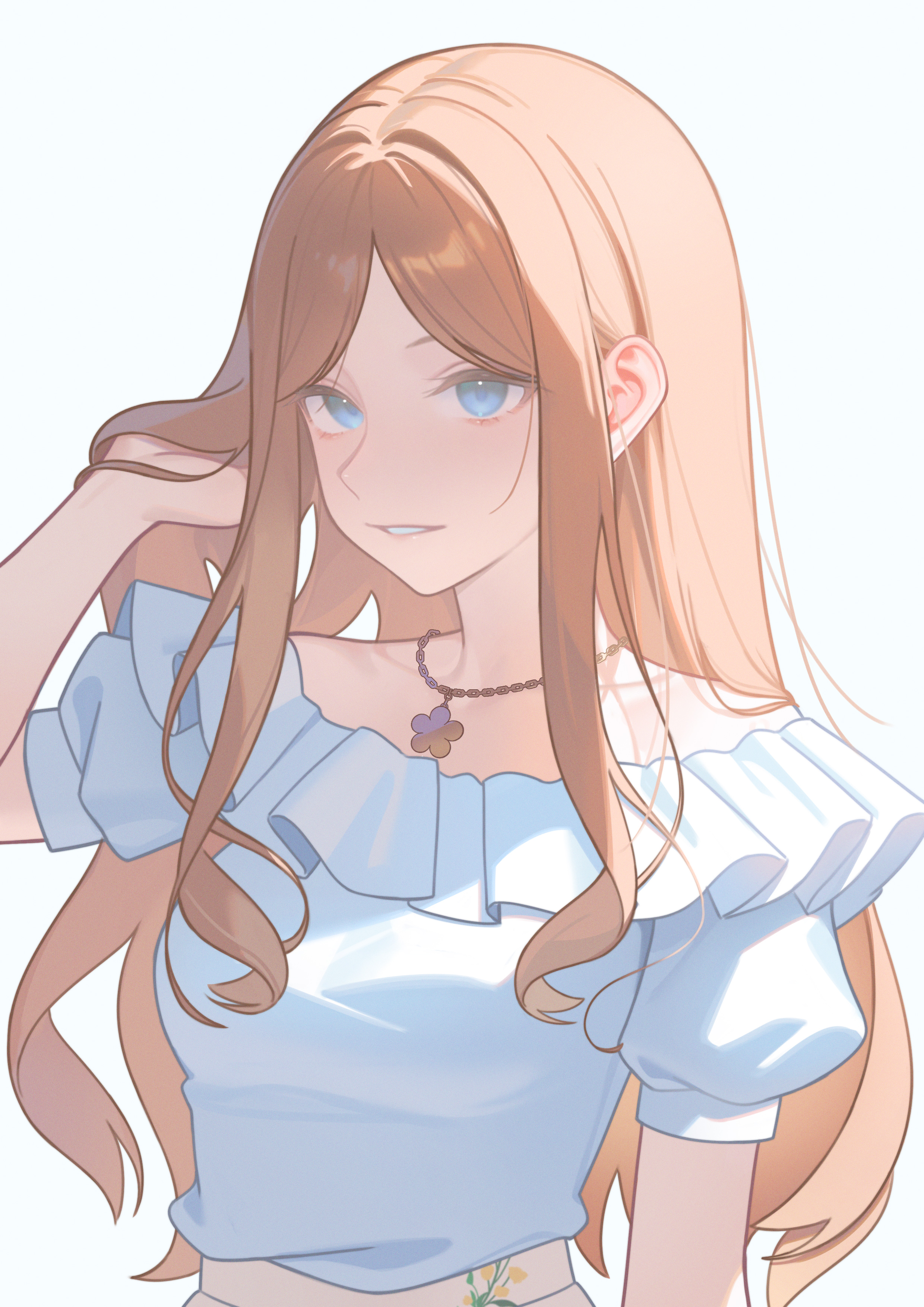 guyijun, nagasaki soyo, bang dream!, bang dream! it's mygo!!!!!, absurdres, highres, 1girl, arm at side, bare shoulders, blue eyes, breasts, brown hair, chain, chain necklace, collarbone, flower, flower necklace, frilled shirt, frills, grey background, hair lift, hand up, jewelry, light smile, long hair, looking ahead, medium breasts, necklace, off-shoulder shirt, off shoulder, parted bangs, parted lips, puffy short sleeves, puffy sleeves, shirt, shirt tucked in, short sleeves, sidelocks, simple background, solo, upper body, white shirt