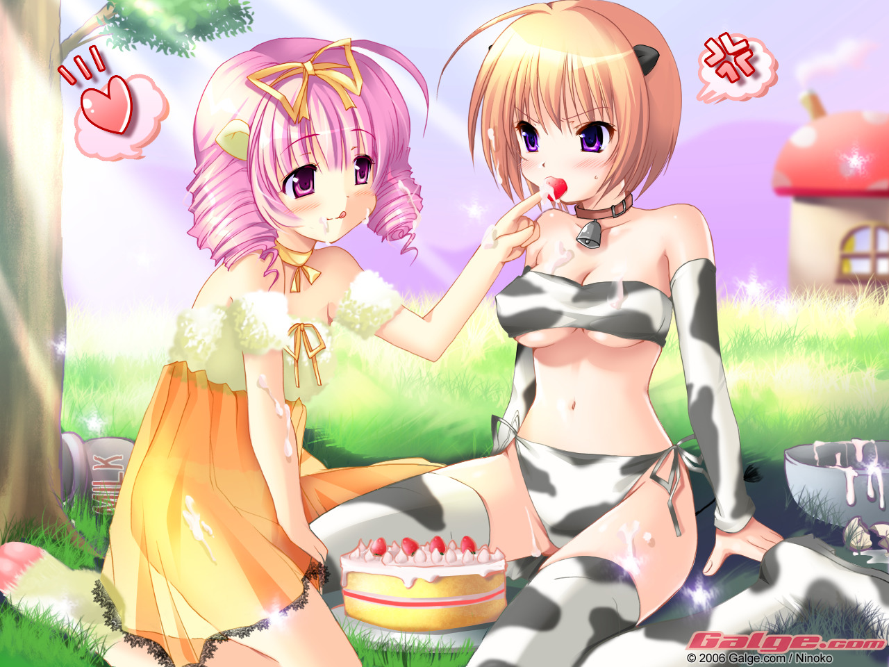 ninoko, galge.com, 2006, 2girls, animal ears, animal print, bandeau bikini, bare shoulders, bell, bikini, blonde hair, blush, breasts, cake, collar, cow ears, cow girl, cow print, day, drill hair, feeding, food, heart, kneeling, multiple girls, neck bell, pastry, picnic, purple eyes, see-through clothes, short hair, side-tie bikini bottom, swimsuit, thighhighs, underboob
