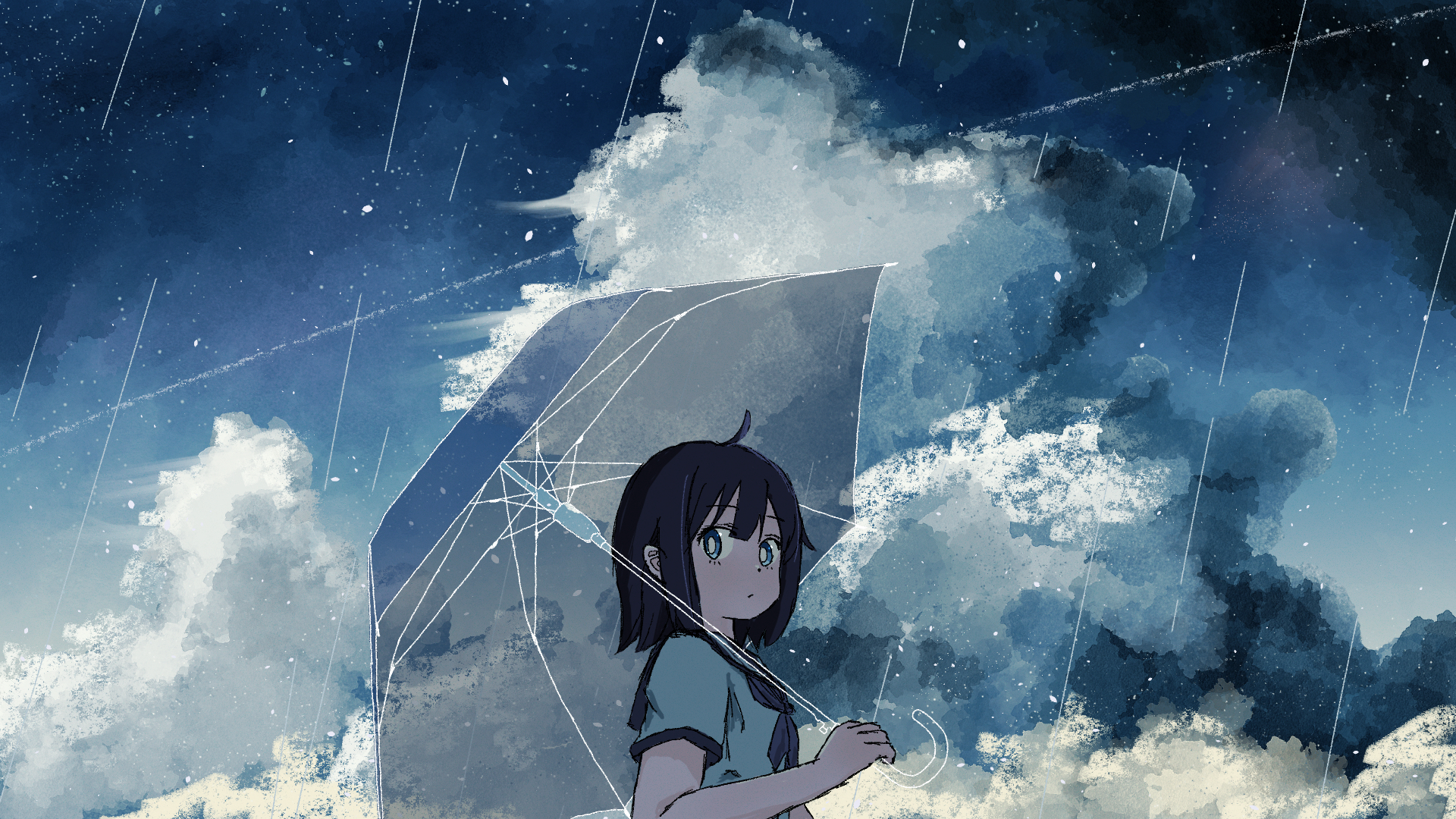 kafumi, original, commentary request, highres, 1girl, ahoge, black hair, black neckerchief, black sailor collar, blue eyes, blunt bangs, bright pupils, closed mouth, cloud, contrail, cumulonimbus cloud, from side, holding, holding umbrella, looking back, medium hair, neckerchief, rain, sailor collar, sailor shirt, scenery, shirt, short sleeves, sky, solo, star (sky), starry sky, transparent, transparent umbrella, umbrella, white pupils, white shirt, wide shot