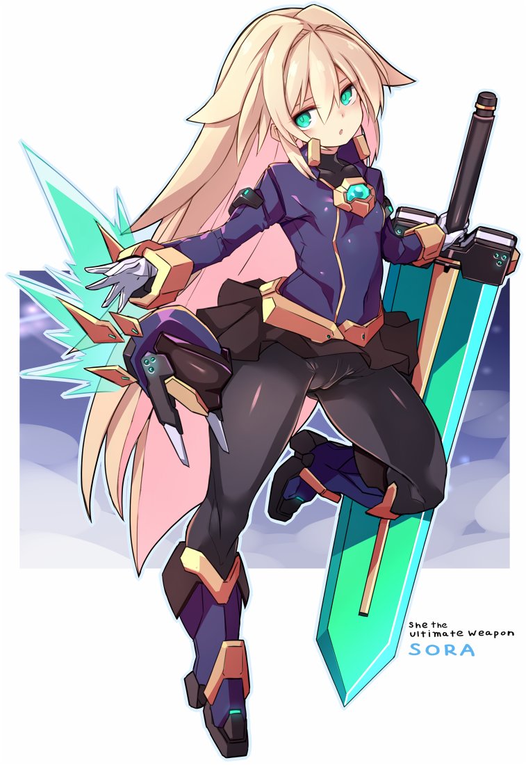 karukan (monjya), character request, copyright request, 1girl, black bodysuit, black shirt, blonde hair, blue eyes, bodysuit, cameltoe, flat chest, full body, holding, holding sword, holding weapon, long hair, shirt, solo, sword, very long hair, weapon
