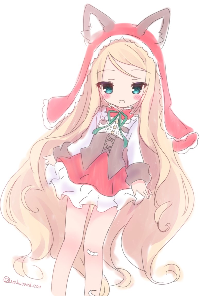 emil chronicle online, 1girl, animal ears, bandaid, bandaid on leg, blonde hair, blue eyes, breasts, brown corset, capelet, corset, frilled capelet, frilled skirt, frills, long hair, red capelet, red hood, red skirt, shirt, shugoma shimotsuki, skirt, small breasts, solo, twitter username, valucard eco, very long hair, white background, white shirt, wolf ears