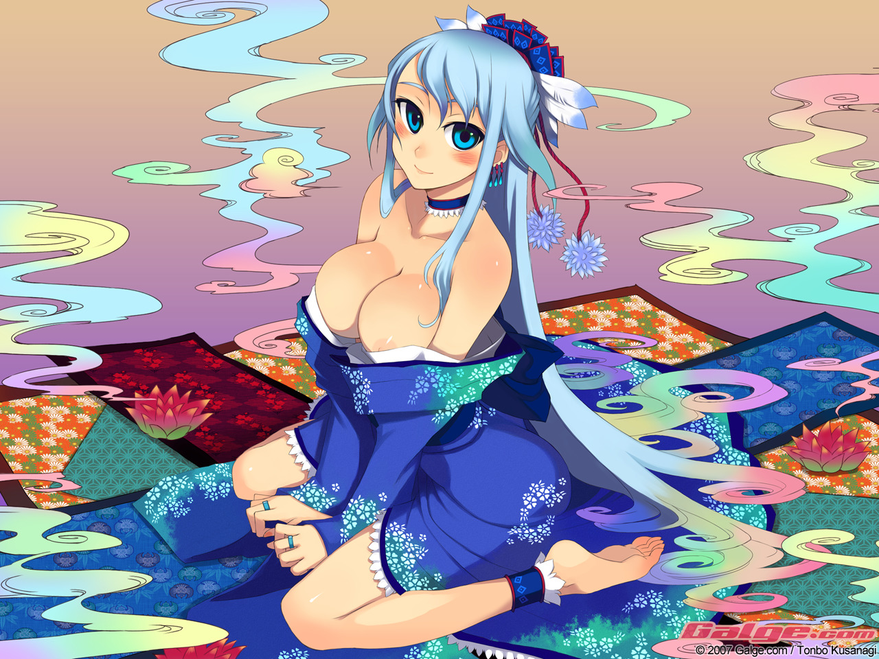 kusanagi tonbo, galge.com, original, 1girl, 2007, asymmetrical bangs, bare shoulders, barefoot, blue eyes, blue hair, breasts, choker, cleavage, dated, female focus, japanese clothes, kimono, kneeling, large breasts, long hair, matching hair/eyes, nipple slip, nipples, off shoulder, sitting, solo, very long hair, watermark, web address