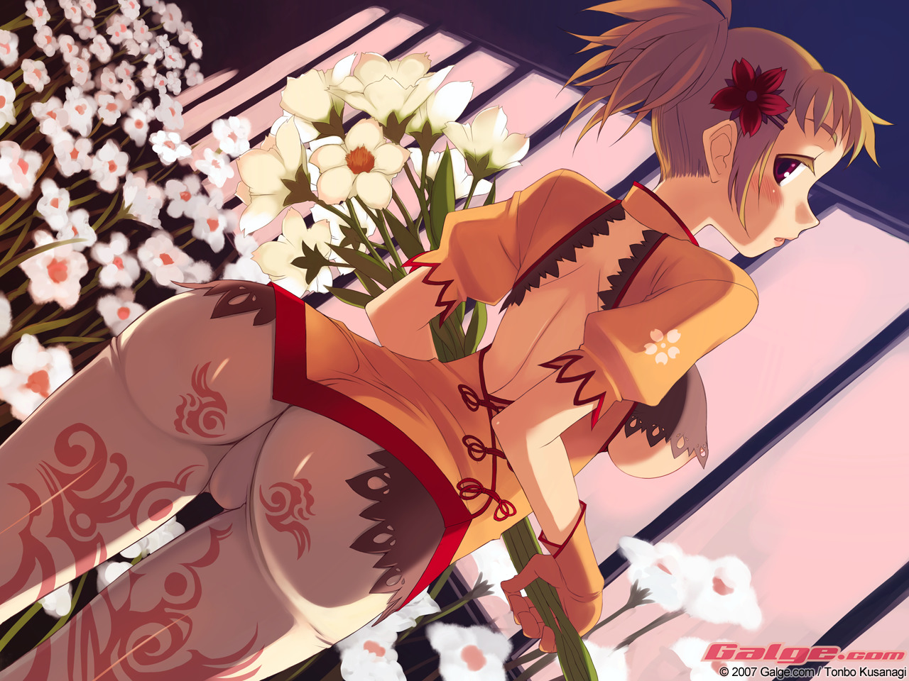 kusanagi tonbo, galge.com, original, print legwear, 1girl, 2007, ass, back, blush, breasts, brown hair, female focus, florist, flower, gloves, impossible clothes, leggings, looking back, medium breasts, pantyhose, ponytail, print pantyhose, red eyes, solo, tattoo, underboob