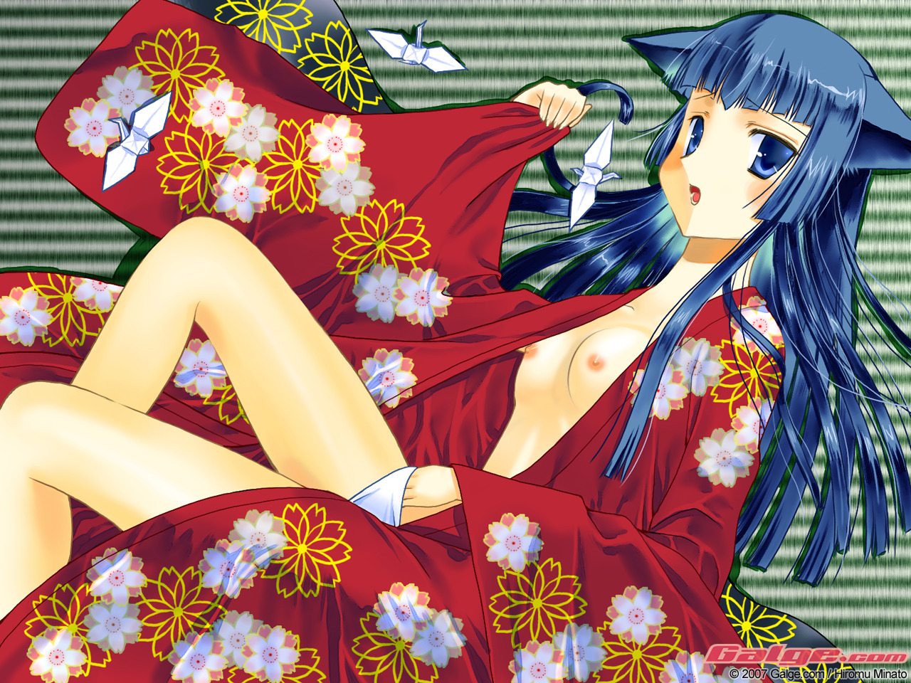 minato hiromu, galge.com, 1girl, 2007, animal ears, blue eyes, blue hair, cat ears, female focus, flat chest, japanese clothes, kimono, long hair, nipples, open clothes, open robe, robe, solo