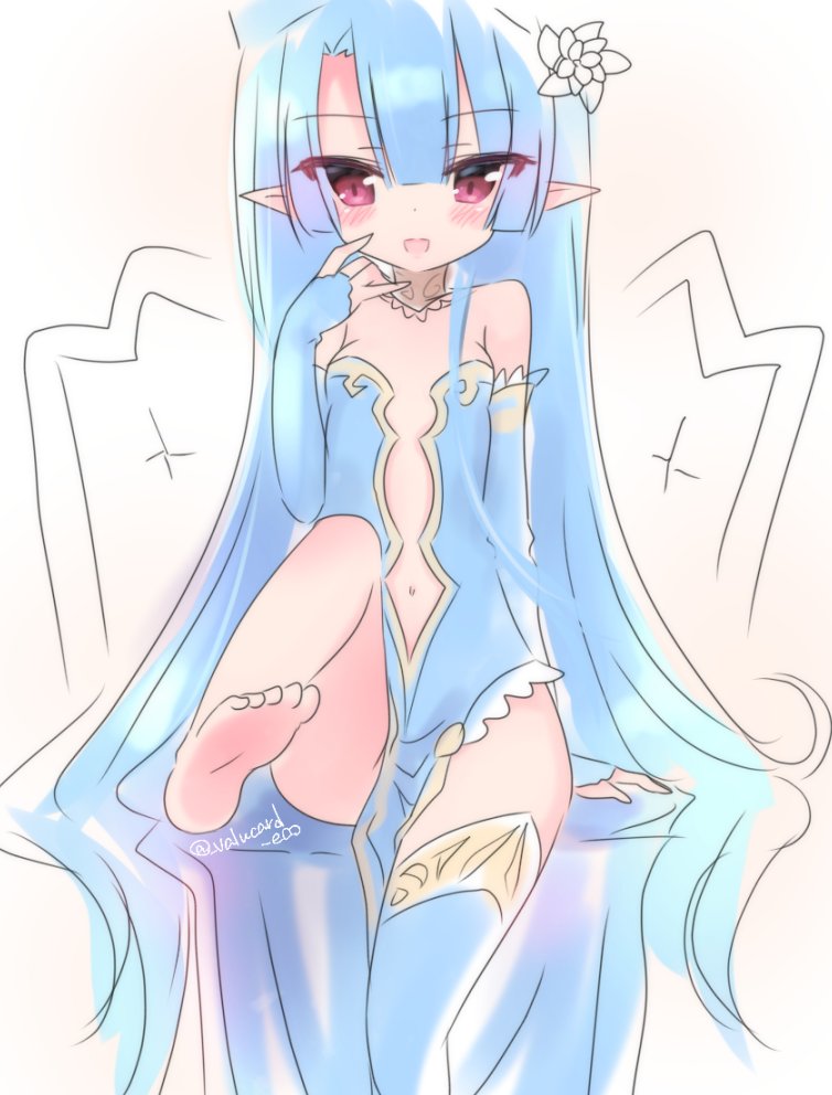 emil chronicle online, 1girl, barefoot, blue dress, blue gloves, blue hair, blue thighhighs, breasts, cleavage cutout, clothing cutout, crystal alma, dress, elbow gloves, feet, flower, foot focus, gloves, hair flower, hair ornament, long hair, looking at viewer, navel, off-shoulder dress, off shoulder, open mouth, pointy ears, red eyes, small breasts, solo, stomach cutout, thighhighs, thighs, valucard eco, very long hair, white background