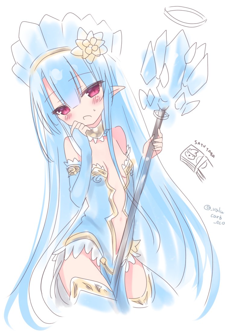 emil chronicle online, 1girl, blue dress, blue gloves, blue hair, blue hat, blue thighhighs, blush, breasts, choker, cleavage cutout, clothing cutout, crystal alma, dress, elbow gloves, flower, gloves, hair flower, hair ornament, hat, holding, holding staff, long hair, no panties, off-shoulder dress, off shoulder, open mouth, pointy ears, red eyes, small breasts, solo, staff, stomach cutout, sweatdrop, thighhighs, twitter username, valucard eco, very long hair, white background, yellow choker