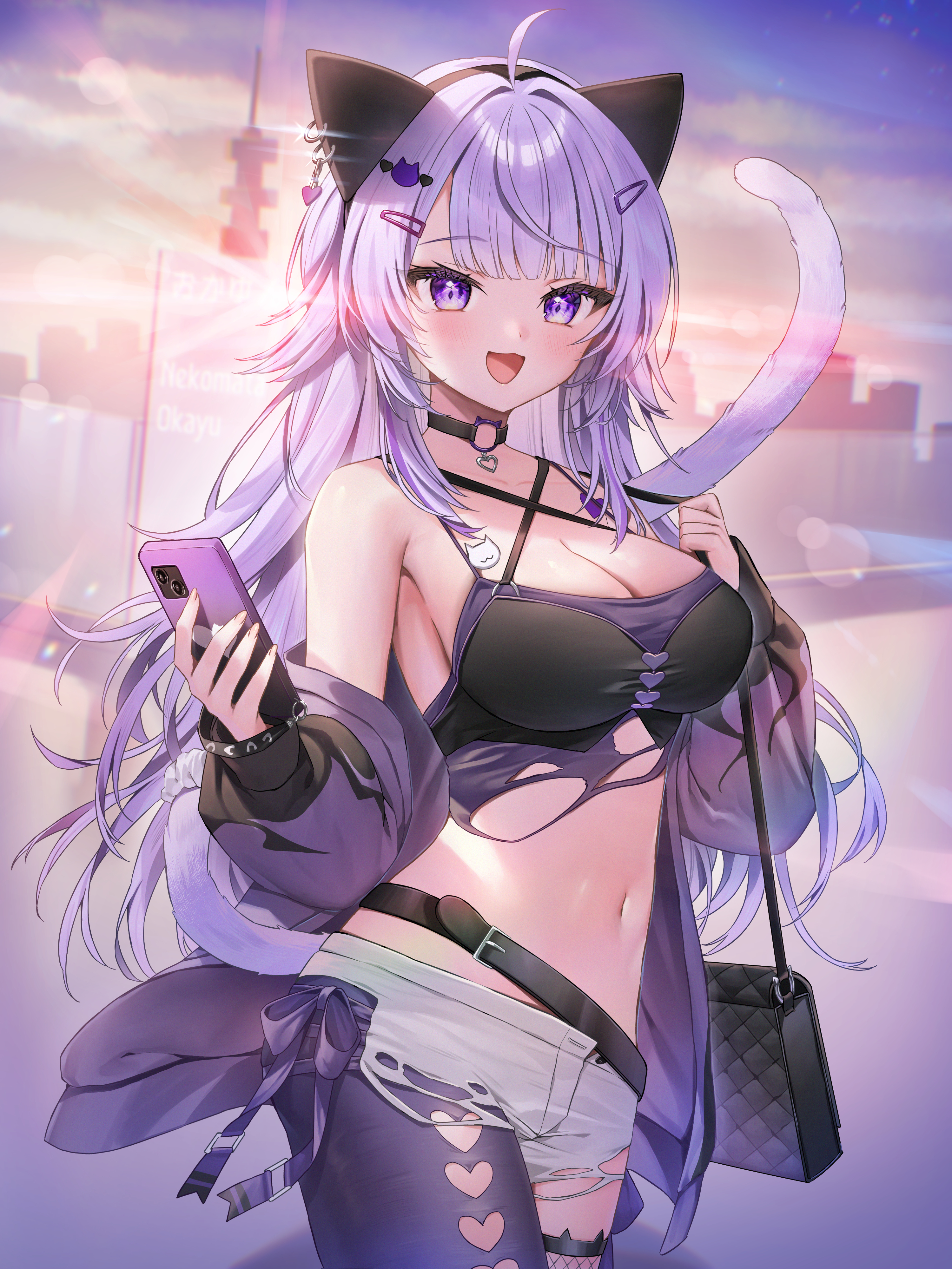 runlan 0329, nekomata okayu, nekomata okayu (personya respect), hololive, absurdres, commentary, commentary request, highres, 1girl, ahoge, animal ears, bag, bare shoulders, belt, black choker, black shirt, blurry, bokeh, breasts, cat ears, cat girl, cat tail, choker, cleavage, cowboy shot, criss-cross halter, crop top, depth of field, hairband, halterneck, holding, holding phone, jacket, large breasts, long hair, looking at viewer, midriff, navel, off shoulder, open clothes, open fly, open jacket, open mouth, phone, purple eyes, purple hair, purple jacket, shirt, short shorts, shorts, shoulder bag, single leg pantyhose, sleeveless, sleeveless shirt, smile, solo, stomach, tail, tail raised, torn clothes, torn shirt, torn shorts, very long hair, virtual youtuber, white shorts