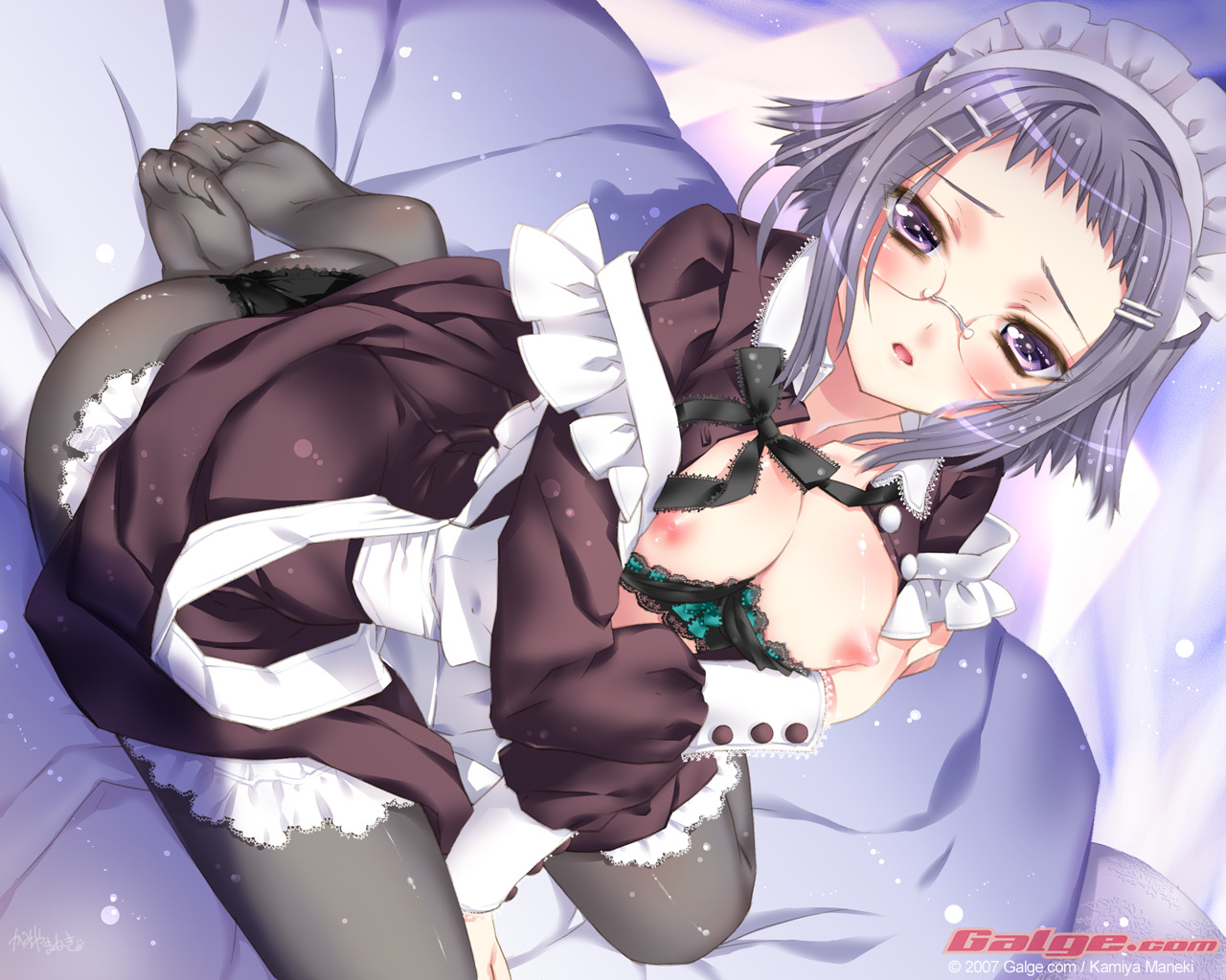 kamiya maneki, galge.com, breast hold, 1girl, 2007, animal ears, artistic error, black pantyhose, bra, breasts, cat ears, feet, female focus, from above, glasses, lingerie, looking at viewer, looking up, maid, maid headdress, medium breasts, nipples, open clothes, open shirt, panties, panties under pantyhose, pantyhose, shirt, shy, sitting, solo, underwear, wrong foot, yokozuwari