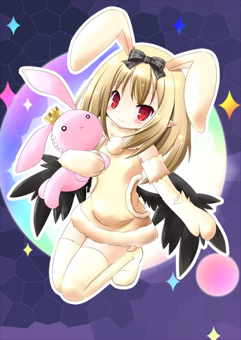 akino sakura, dark feather alma, emil chronicle online, 1girl, animal ears, black ribbon, black wings, blonde hair, breasts, dress, elbow gloves, fake animal ears, fur dress, fur gloves, gloves, hair ribbon, holding, holding stuffed toy, moon background, pointy ears, purple background, rabbit ears, red eyes, ribbon, small breasts, solo, stuffed animal, stuffed rabbit, stuffed toy, thighhighs, wings, yellow dress, yellow gloves, yellow thighhighs