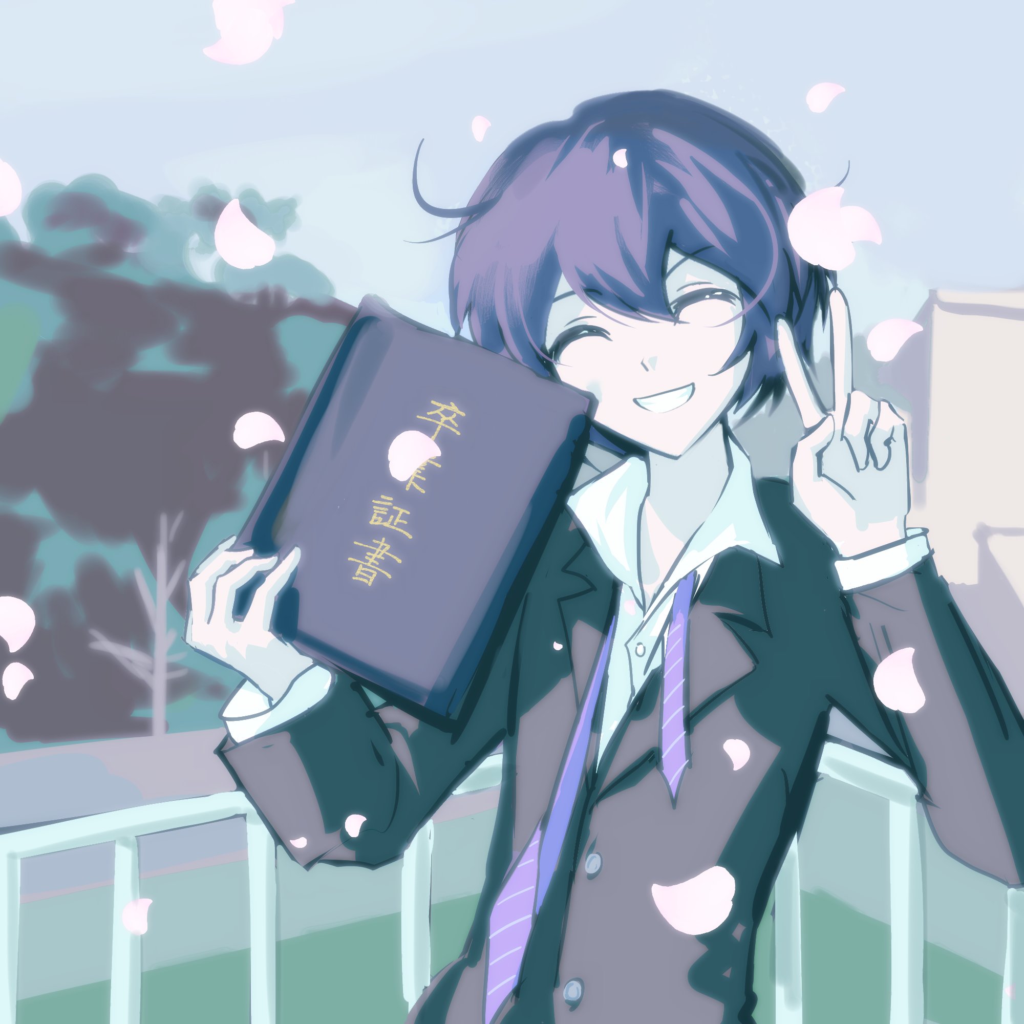 shitodo kuroji, len'en, bilingual commentary, chinese commentary, commentary, english commentary, highres, mixed-language commentary, 1other, alternate costume, androgynous, black jacket, blazer, blue sky, collared jacket, collared shirt, day, graduation, hair between eyes, happy, holding, jacket, lapels, layered sleeves, long sleeves, necktie, notched lapels, other focus, outdoors, petals, purple hair, purple necktie, railing, school, school uniform, shirt, short hair, sky, solo, spring (season), tree, undone necktie, upper body, v, white shirt, yancao (pixiv 103434280)