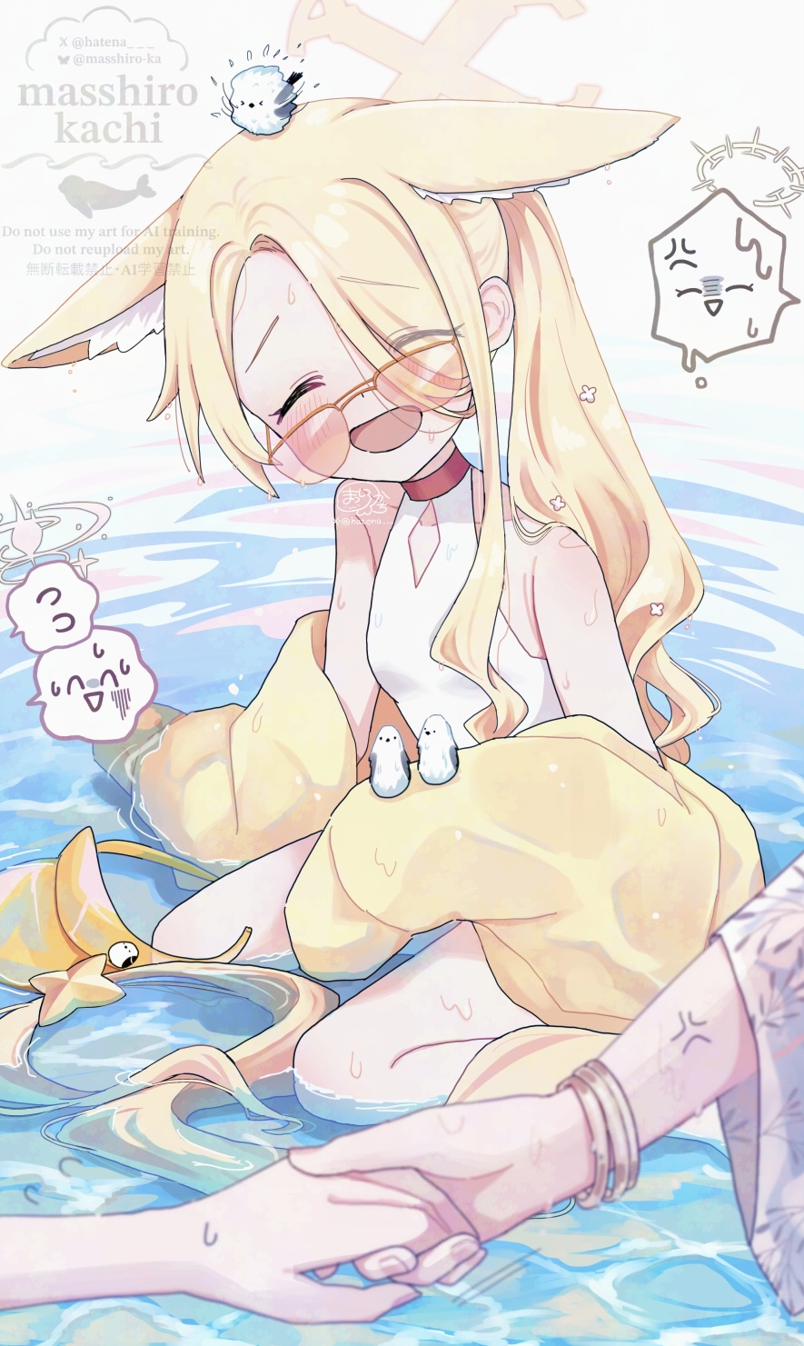 masshirokachi, mika (blue archive), nagisa (blue archive), nagisa (swimsuit) (blue archive), seia (blue archive), seia (swimsuit) (blue archive), blue archive, highres, 3girls, ^ ^, above-cleavage cutout, anger vein, animal, animal ears, animal on head, asymmetrical bangs, bangle, bare legs, bird, bird on head, blonde hair, blush, bracelet, breasts, casual one-piece swimsuit, closed eyes, clothing cutout, extra ears, eyes visible through hair, fingernails, flying sweatdrops, fox ears, fox girl, fox tail, hair over one eye, halo, holding hands, jacket, jacket partially removed, jewelry, long hair, multiple girls, official alternate costume, on head, one-piece swimsuit, orange-tinted eyewear, out of frame, shallow water, side ponytail, sitting, small breasts, smile, solo focus, spoken expression, spoken flying sweatdrops, swimsuit, tail, tinted eyewear, very long hair, wariza, water, white one-piece swimsuit, yellow jacket