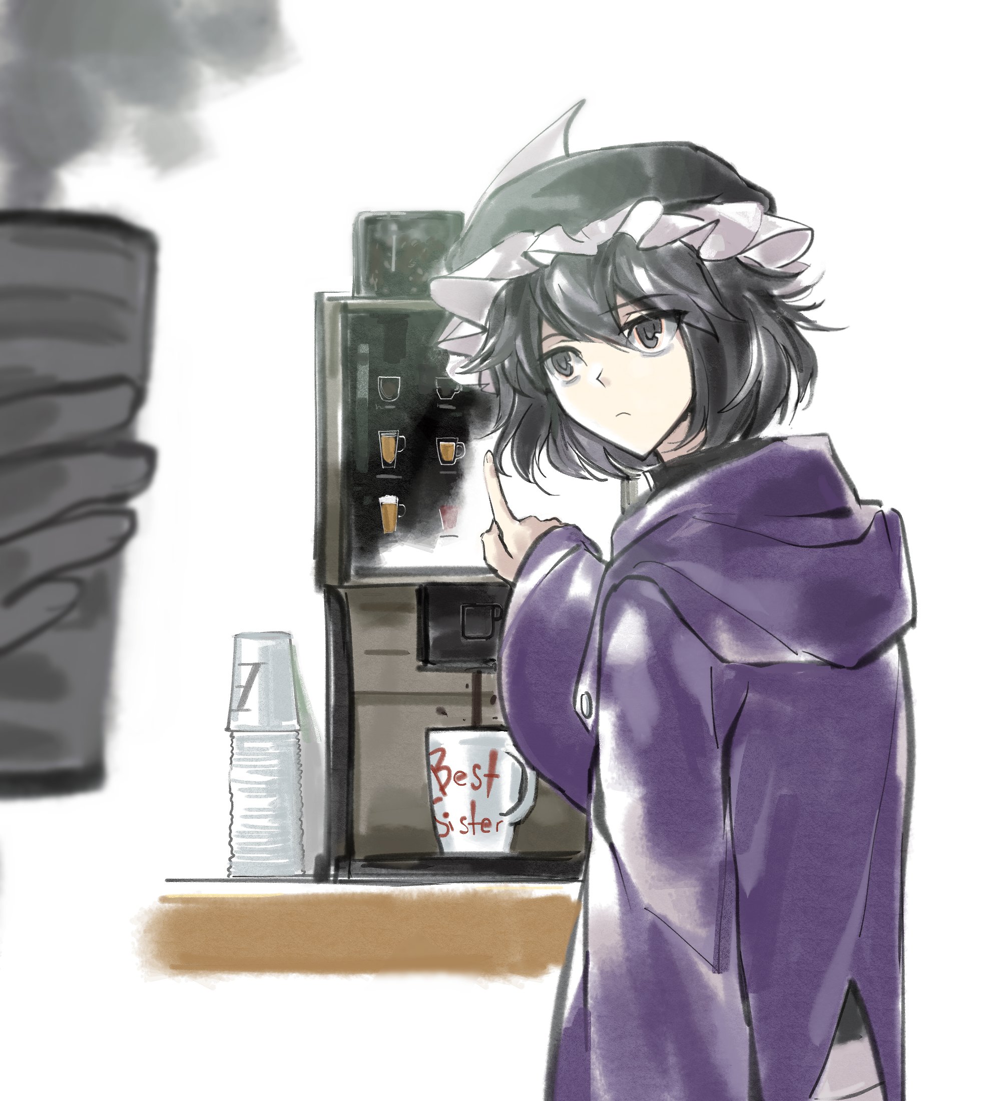 shitodo kuroji, len'en, chinese commentary, commentary, english commentary, highres, mixed-language commentary, multilingual commentary, 1other, androgynous, black eyes, black hair, black hat, black shirt, closed mouth, coattails, coffee, coffee maker, coffee mug, collared shirt, cowboy shot, cup, disposable cup, dot nose, expressionless, frilled headwear, hair between eyes, hat, hood, hood down, hooded jacket, jacket, light frown, long sleeves, looking at object, looking back, mob cap, mug, open clothes, open jacket, other focus, purple jacket, shirt, short hair, shorts, simple background, sleeves past wrists, smoke, solo, standing, table, triangular headpiece, white background, white shorts, wide sleeves, yancao (pixiv 103434280)