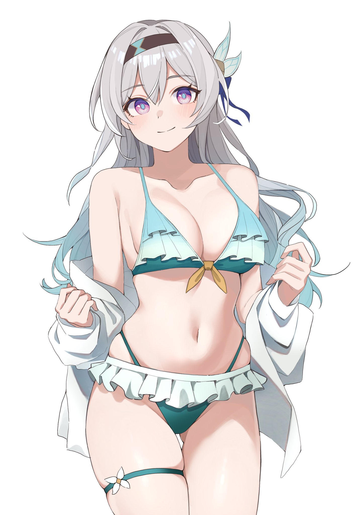asu (as oz1), firefly (honkai: star rail), honkai: star rail, honkai (series), commentary request, highres, 1girl, alternate costume, aqua bikini, bikini, black hairband, breasts, clothes down, frilled bikini, frills, grey hair, hairband, large breasts, long hair, looking at viewer, navel, purple eyes, shirt, smile, solo, stomach, swimsuit, thigh strap, white shirt
