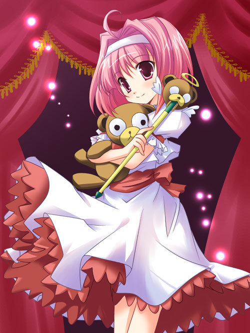 hinata momo, mint clark, super blackjack, 1girl, ahoge, blush, dress, hair intakes, hairband, holding, hugging object, pink hair, purple eyes, purple hair, smile, stuffed animal, stuffed toy, teddy bear, wand