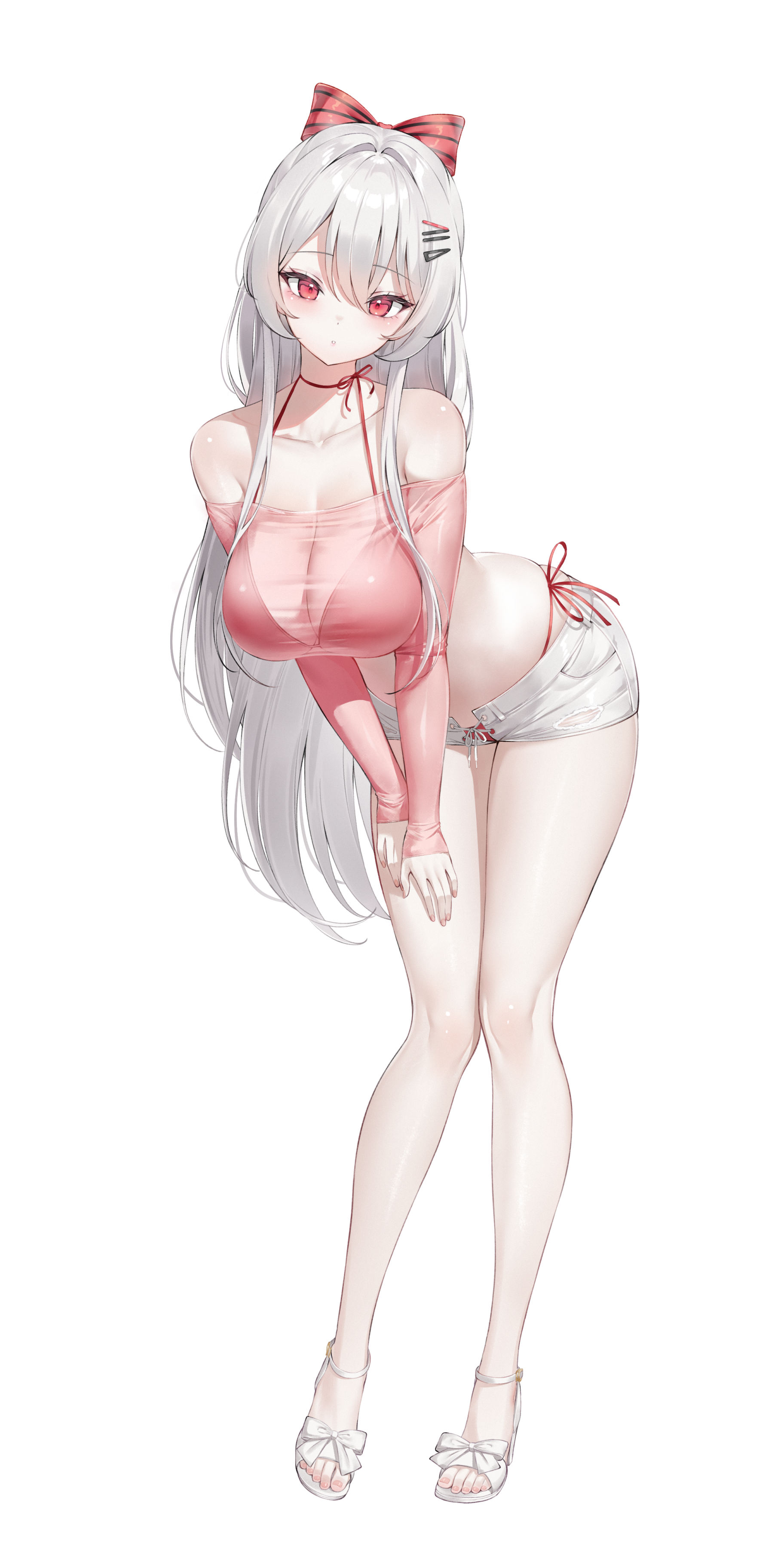 keibeam, original, absurdres, commission, highres, second-party source, 1girl, bare legs, bare shoulders, bikini, bikini under clothes, bow, breasts, choker, cleavage, collarbone, crop top, full body, hair bow, hair ornament, hairclip, halterneck, hands on own thigh, large breasts, leaning forward, long hair, long sleeves, looking at viewer, midriff, off-shoulder shirt, off shoulder, open fly, parted lips, pink shirt, red bikini, red choker, red eyes, riche leilani, sandals, see-through cleavage, see-through clothes, shirt, short shorts, shorts, side-tie bikini bottom, simple background, skindentation, sleeves past wrists, solo, string bikini, swimsuit, thighs, very long hair, white background, white hair, white sandals, white shorts