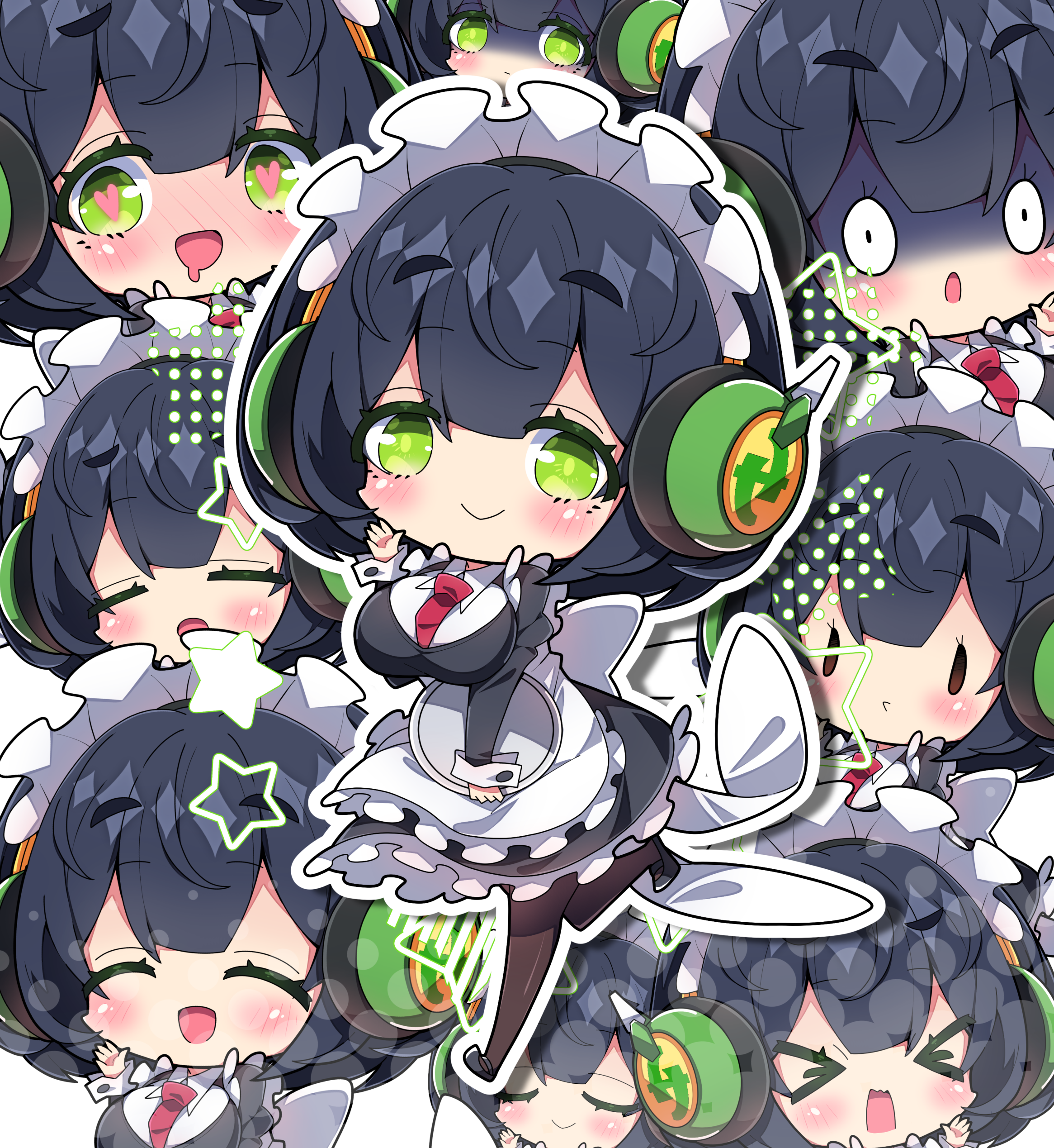 milkpanda, kyoumachi seika, voiceroid, absurdres, commentary, highres, 1girl, :d, :o, ^ ^, alternate costume, apron, black dress, black hair, black shoes, blunt bangs, blush, breasts, brown pantyhose, chibi, chibi only, closed eyes, closed mouth, collared shirt, double-parted bangs, dress, drooling, drop shadow, enmaided, frilled apron, frills, full body, green eyes, hand up, heart, heart-shaped pupils, holding, holding tray, juliet sleeves, large breasts, long sleeves, looking at viewer, maid, maid headdress, mouth drool, multiple views, necktie, open mouth, outline, pantyhose, puffy sleeves, red necktie, shaded face, shirt, shoes, short eyebrows, short hair, smile, standing, standing on one leg, symbol-shaped pupils, thick eyebrows, tray, white apron, white outline, white shirt, wide-eyed, | |