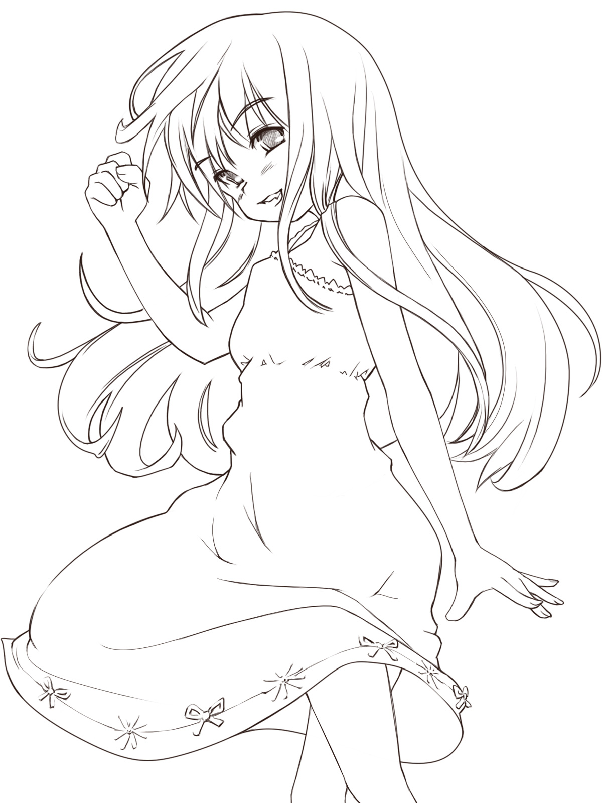 st+1, original, highres, blush, clenched hand, dress, from behind, greyscale, grin, lineart, long hair, looking back, monochrome, smile, solo