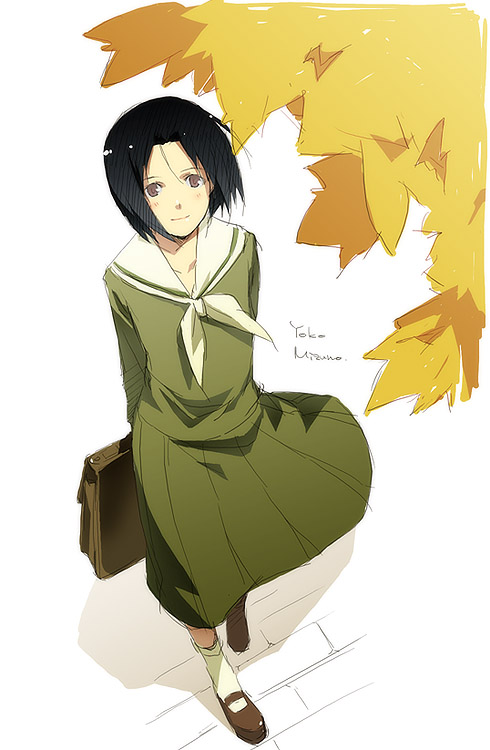 kyo (kuroichigo), mizuno youko, maria-sama ga miteru, 00s, 1girl, arms behind back, bag, black hair, female focus, from above, leaf, light smile, looking up, mary janes, nature, outdoors, school bag, school uniform, serafuku, shoes, short hair, solo, walking