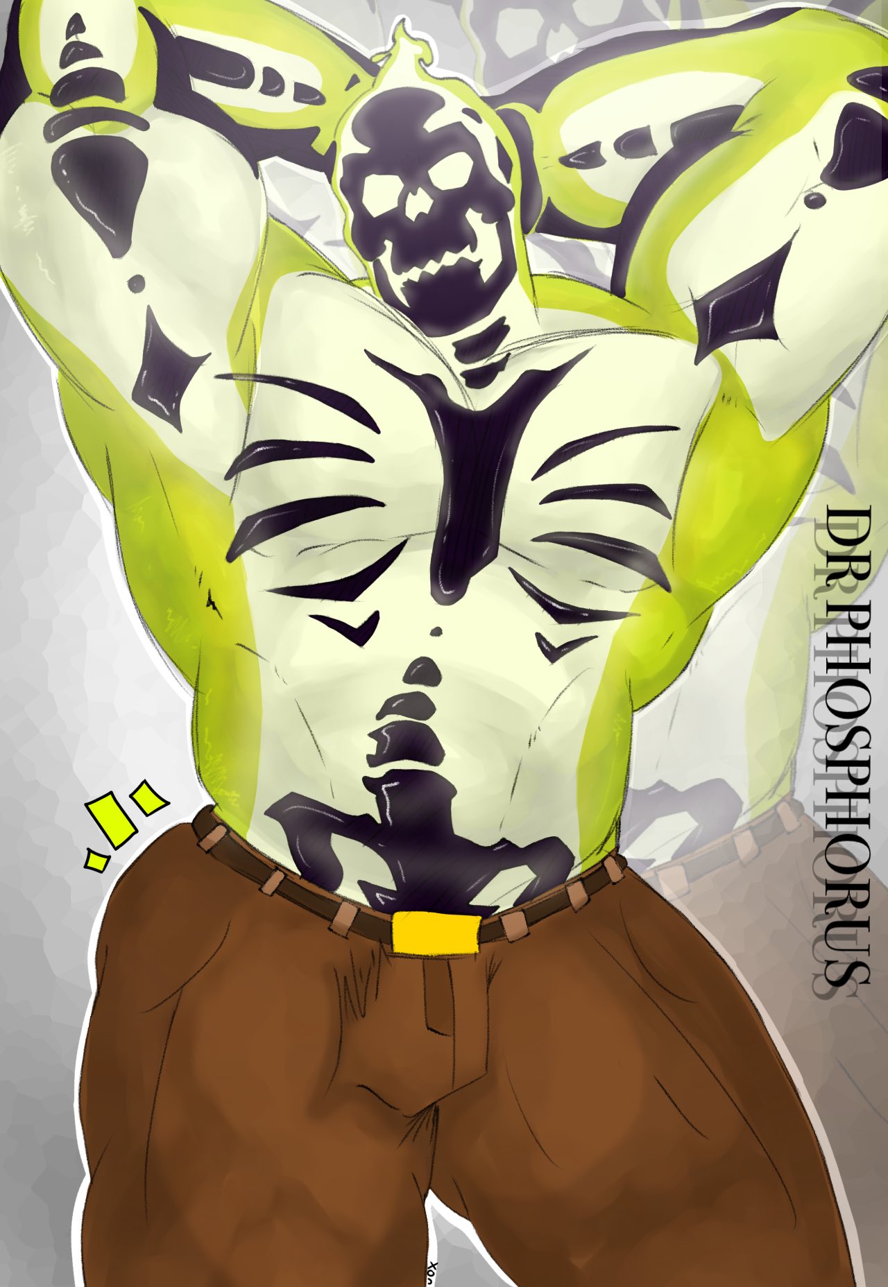 doctor phosphorus, creature commandos, dc universe (franchise), commentary, english commentary, highres, 1boy, arms behind head, bara, brown pants, bulge, character name, facing viewer, male focus, muscular, muscular male, no eyes, onyxthehimbo, pants, skeleton, skull, skull head, topless male