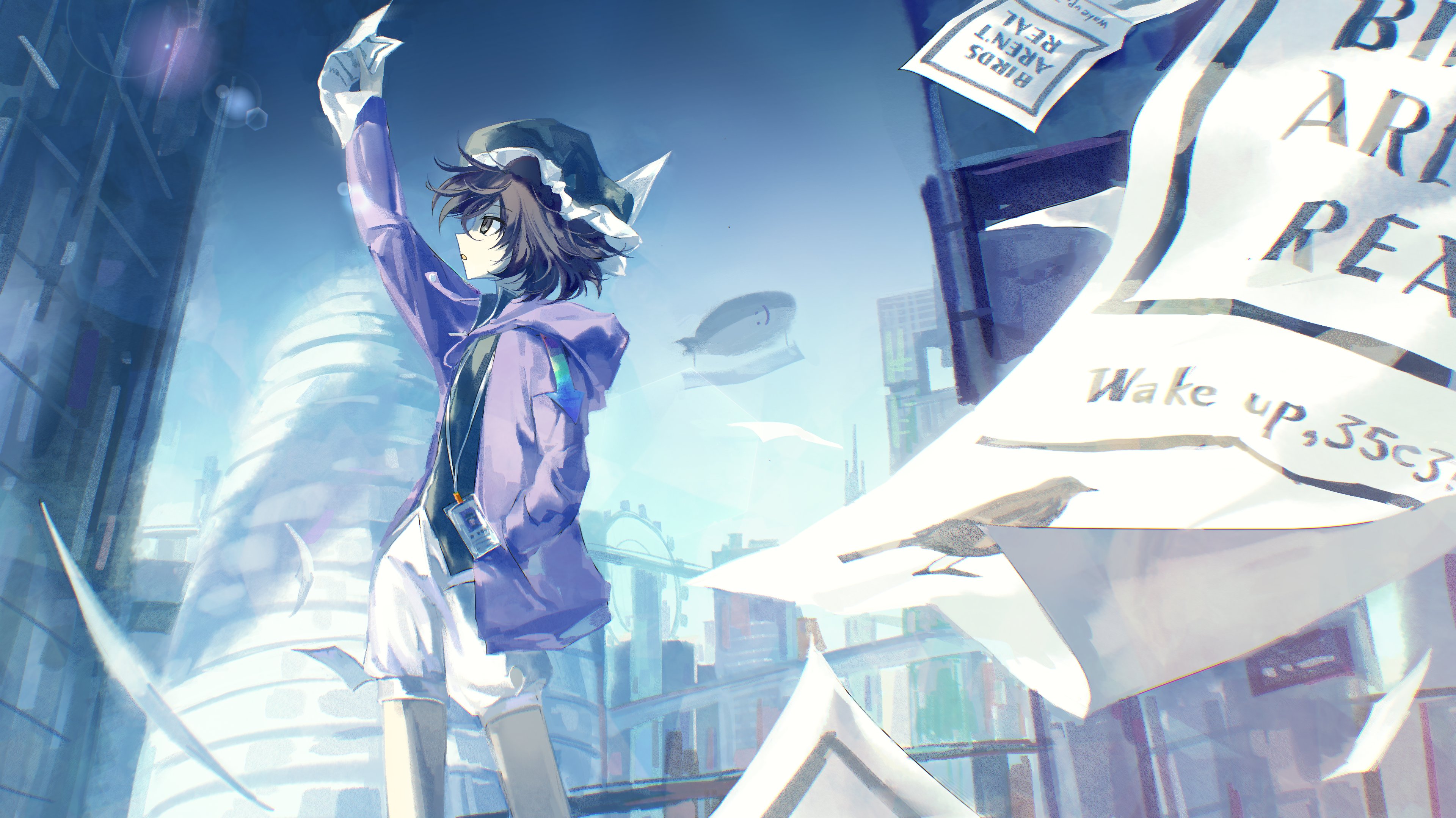 shitodo kuroji, len'en, absurdres, chinese commentary, commentary, english commentary, highres, mixed-language commentary, multilingual commentary, 1other, aircraft, androgynous, arm up, baggy shorts, black hair, black hat, black shirt, blue sky, building, city, cloud, collared shirt, cowboy shot, day, dirigible, english text, floating paper, frilled headwear, from side, hair between eyes, hand in pocket, hat, high collar, holding, holding paper, hood, hood down, hooded jacket, jacket, light particles, mob cap, open clothes, open jacket, other focus, outdoors, paper, poster (object), purple jacket, shirt, short hair, shorts, sky, skyscraper, solo, standing, sunlight, triangular headpiece, white shorts, yancao (pixiv 103434280), zipper