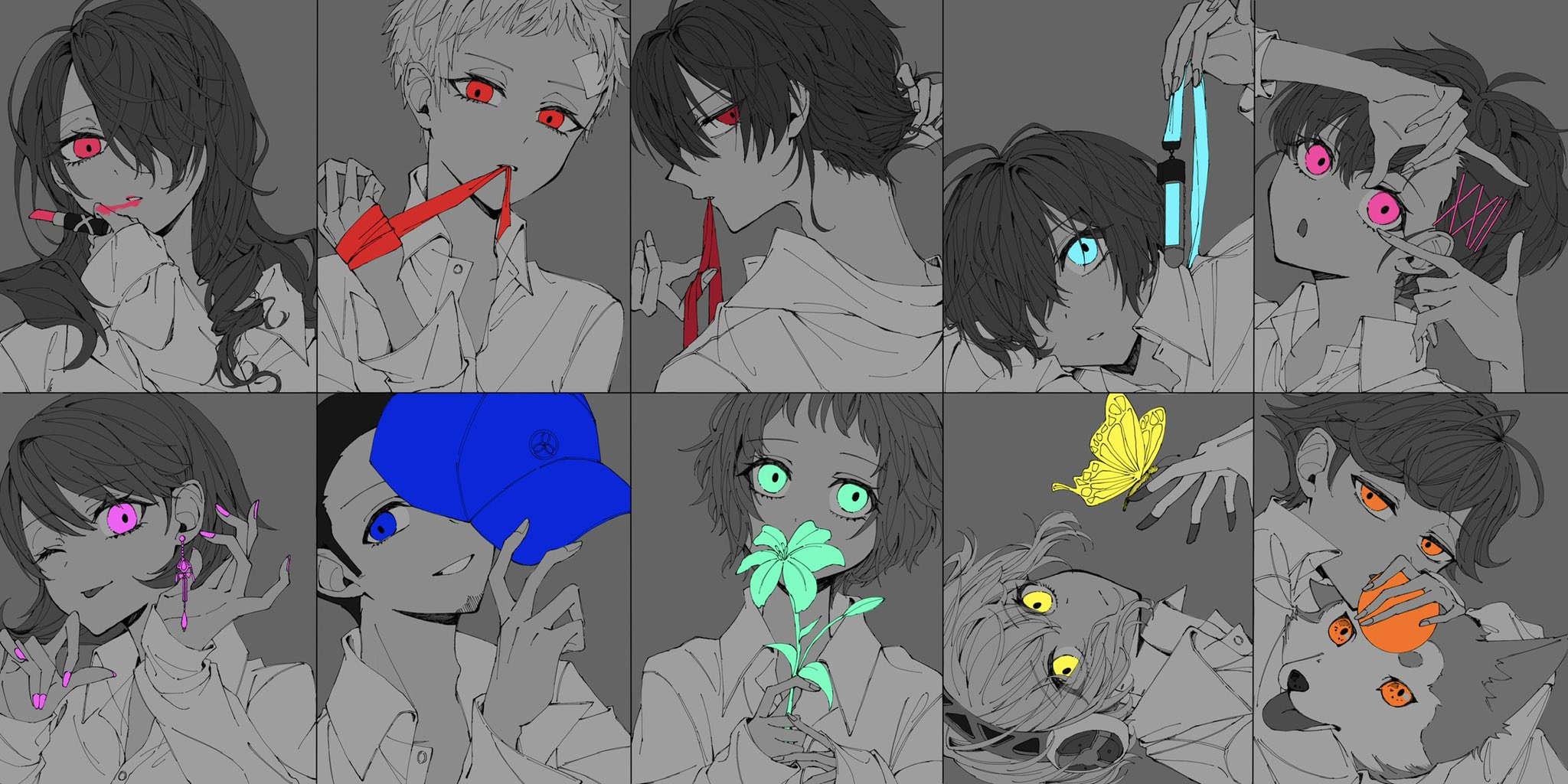 sakizome1001, aigis (persona), amada ken, aragaki shinjirou, iori junpei, kirijou mitsuru, koromaru (persona), sanada akihiko, shiomi kotone, takeba yukari, yamagishi fuuka, yuuki makoto (persona 3), persona, persona 3, persona 3 portable, commentary, english commentary, highres, 5boys, 5girls, :o, :p, android, antenna hair, aqua eyes, aqua flower, ball, bandage in mouth, bandaged hand, bandages, bandaid, bandaid on face, baseball cap, blue eyes, blue hat, bug, butterfly, butterfly on hand, buzz cut, collage, covering own mouth, digital media player, digital walkman, dog, double-parted bangs, dress shirt, earrings, finger frame, flower, from behind, grey background, greyscale, hair ornament, hair over one eye, hairband, hairclip, hand in own hair, hand up, hands up, hat, head tilt, holding, holding ball, holding digital media player, holding flower, holding own hair, holding ribbon, holding unworn clothes, holding unworn hat, insect, jewelry, lipstick, long hair, looking at object, looking at viewer, looking to the side, makeup, mechanical arms, messy hair, monochrome, mouth hold, multiple boys, multiple girls, one eye closed, open collar, open mouth, orange eyes, parted bangs, parted lips, pink eyes, pink lipstick tube, pink nails, portrait, red eyes, ribbon, ribbon in mouth, robot ears, shirt, short hair, single earring, smeared lipstick, spot color, tongue, tongue out, unworn hat, unworn headwear, very short hair, walkman nw-s203f, yellow butterfly, yellow eyes