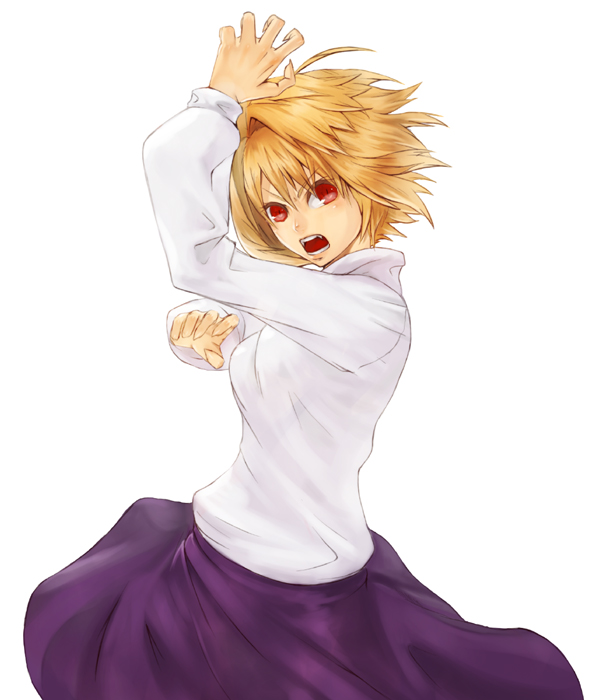 nidy, arcueid brunestud, tsukihime, 00s, 1girl, blonde hair, fangs, female focus, long skirt, red eyes, short hair, skirt, solo, sweater, turtleneck