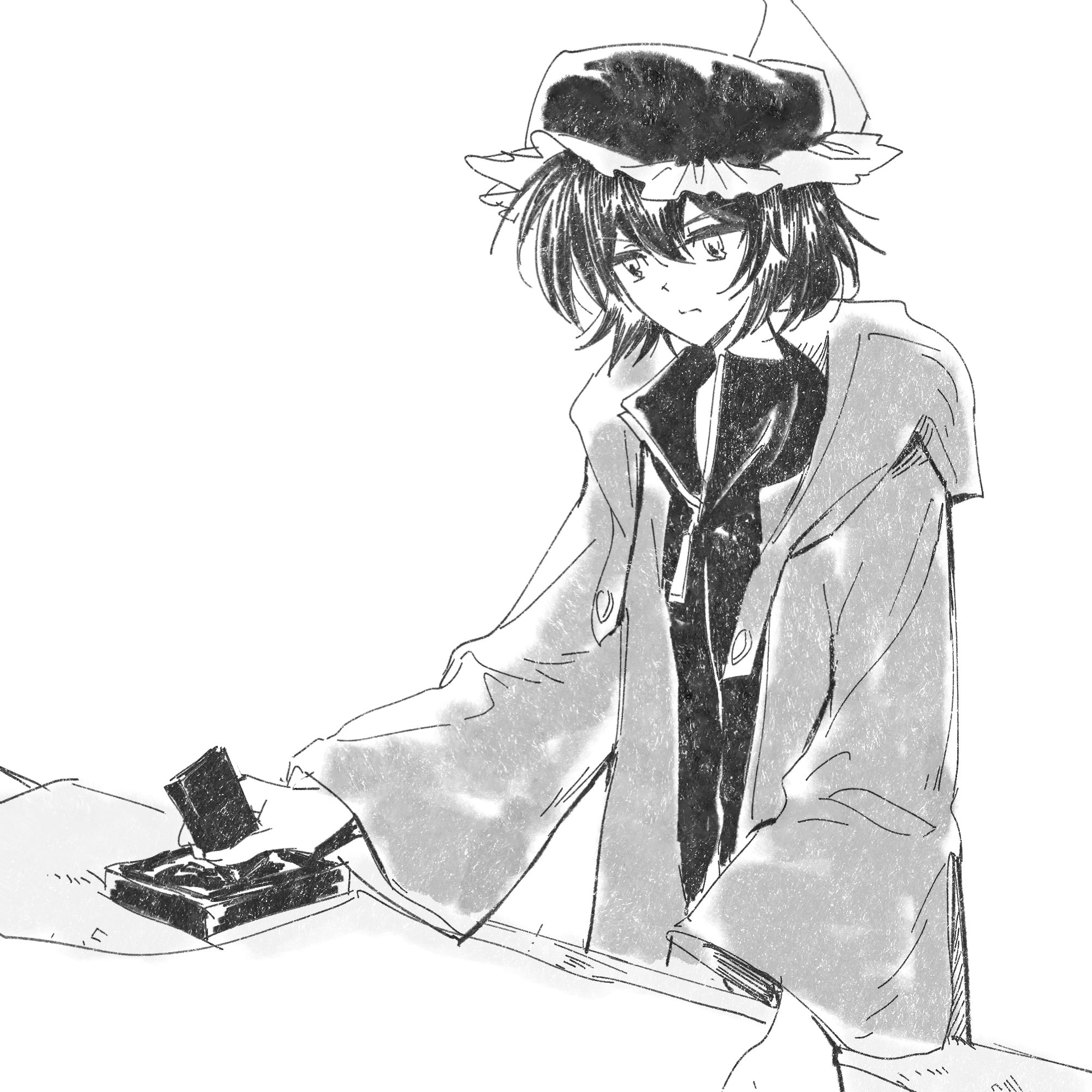 shitodo kuroji, len'en, chinese commentary, commentary, english commentary, highres, mixed-language commentary, multilingual commentary, 1other, androgynous, buttons, closed mouth, collared shirt, cowboy shot, cutting board, detached hood, dot nose, food, frilled headwear, greyscale, hair between eyes, hand on table, hat, high collar, holding, holding food, hood, hood down, hooded jacket, jacket, konnyaku (food), light frown, long sleeves, looking at food, mob cap, monochrome, open clothes, open jacket, other focus, shirt, short hair, simple background, solo, standing, triangular headpiece, white background, wide sleeves, yancao (pixiv 103434280), zipper, zipper pull tab