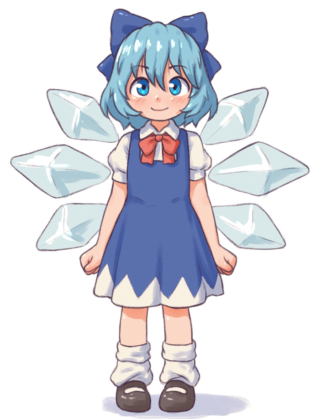 beachepisode, cirno, touhou, commentary, english commentary, highres, 1girl, blue bow, blue dress, blue eyes, blue hair, bow, cirno day, closed mouth, dress, full body, hair bow, ice, ice wings, leg warmers, looking at viewer, puffy short sleeves, puffy sleeves, red ribbon, ribbon, shoes, short hair, short sleeves, smile, standing, straight-on, white background, white leg warmers, wings