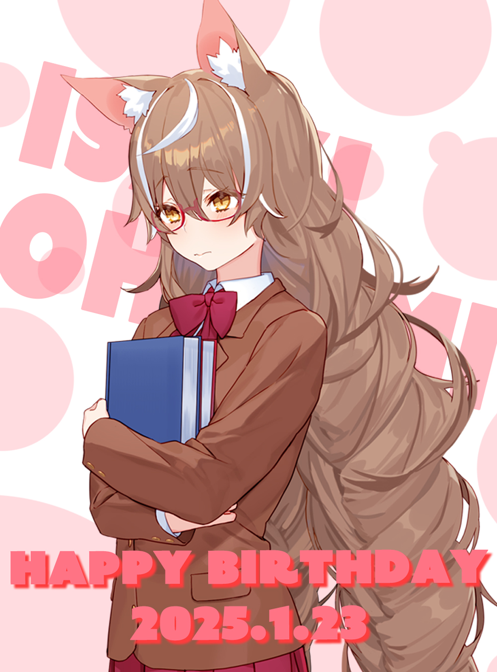izumi sai, jingai kyoshitsu no ningen girai kyoshi, highres, official art, 1girl, animal ear fluff, animal ears, blush, book, bow, bowtie, braid, brown eyes, brown hair, brown jacket, character name, closed mouth, collared shirt, cowboy shot, dated, english text, glasses, happy birthday, holding, holding book, jacket, long hair, long sleeves, multicolored hair, ohgami isaki, pleated skirt, polka dot, polka dot background, rectangular eyewear, red-framed eyewear, red bow, red skirt, school uniform, semi-rimless eyewear, shirt, skirt, solo, twin braids, under-rim eyewear, very long hair, wavy hair, wavy mouth, white hair, white shirt, wolf ears, wolf girl