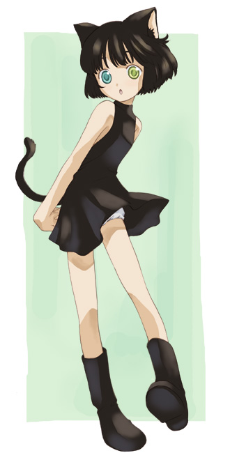takano natsuki, original, 1girl, animal ears, arms behind back, bare shoulders, black boots, black dress, boots, cat ears, cat girl, cat tail, dress, female focus, flat chest, full body, heterochromia, looking at viewer, panties, short dress, short hair, sleeveless, sleeveless dress, solo, standing, standing on one leg, tail, underwear, upskirt, white panties