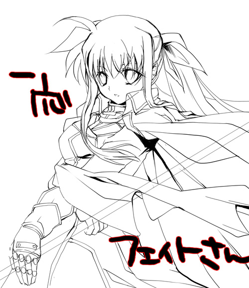 yu yu, fate testarossa, lyrical nanoha, mahou shoujo lyrical nanoha, mahou shoujo lyrical nanoha strikers, 00s, 1girl, ahoge, armor, cape, coat, cowboy shot, female focus, gauntlets, hair ribbon, holding, long sleeves, looking at viewer, magical girl, monochrome, ribbon, simple background, single gauntlet, solo, text focus, twintails, white background